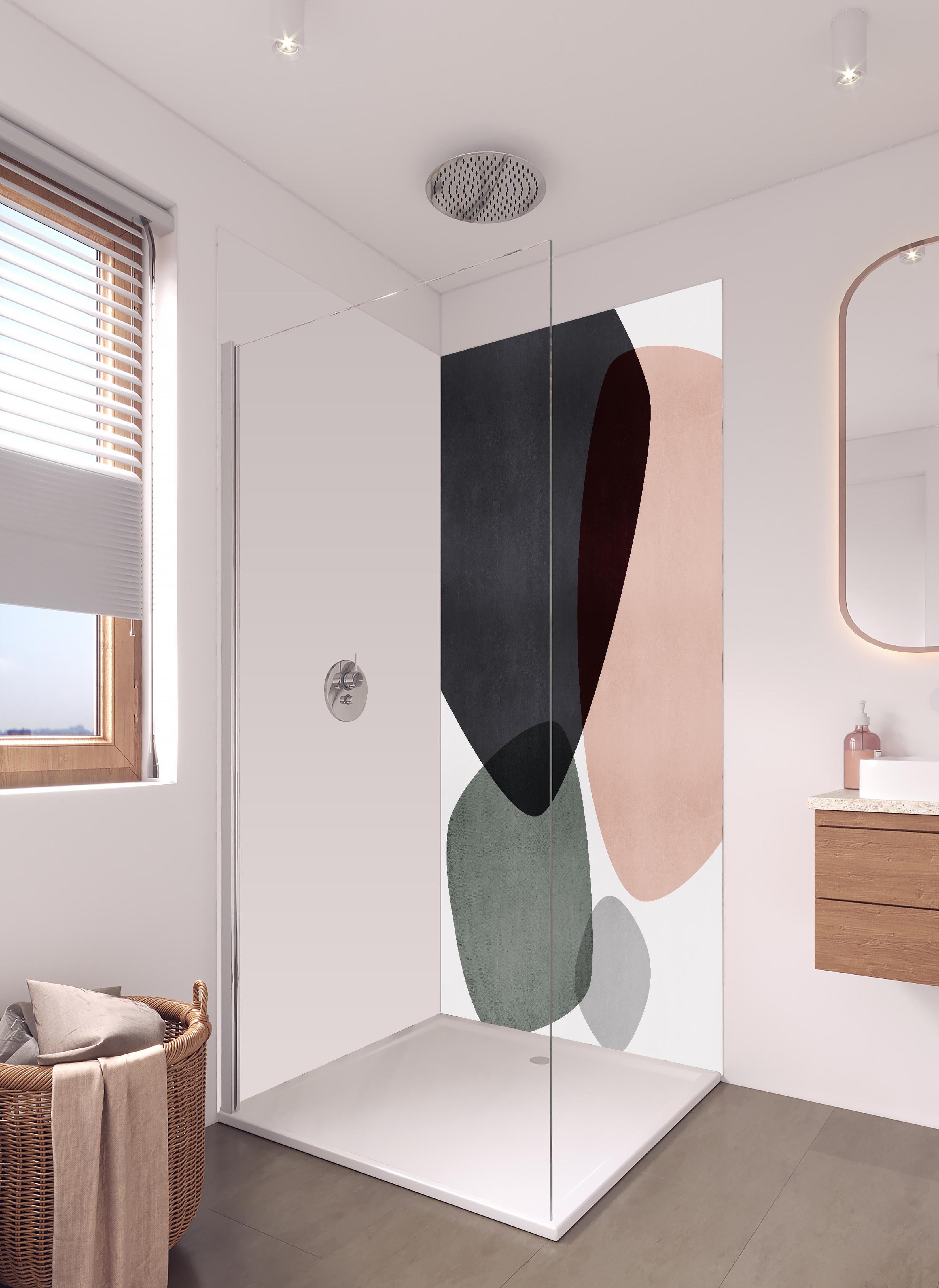 Duschrückwand - Abstrakte Geometrie in Pastellfarben in hellem Badezimmer mit Regenduschkopf - zweiteilige Eck-Duschrückwand