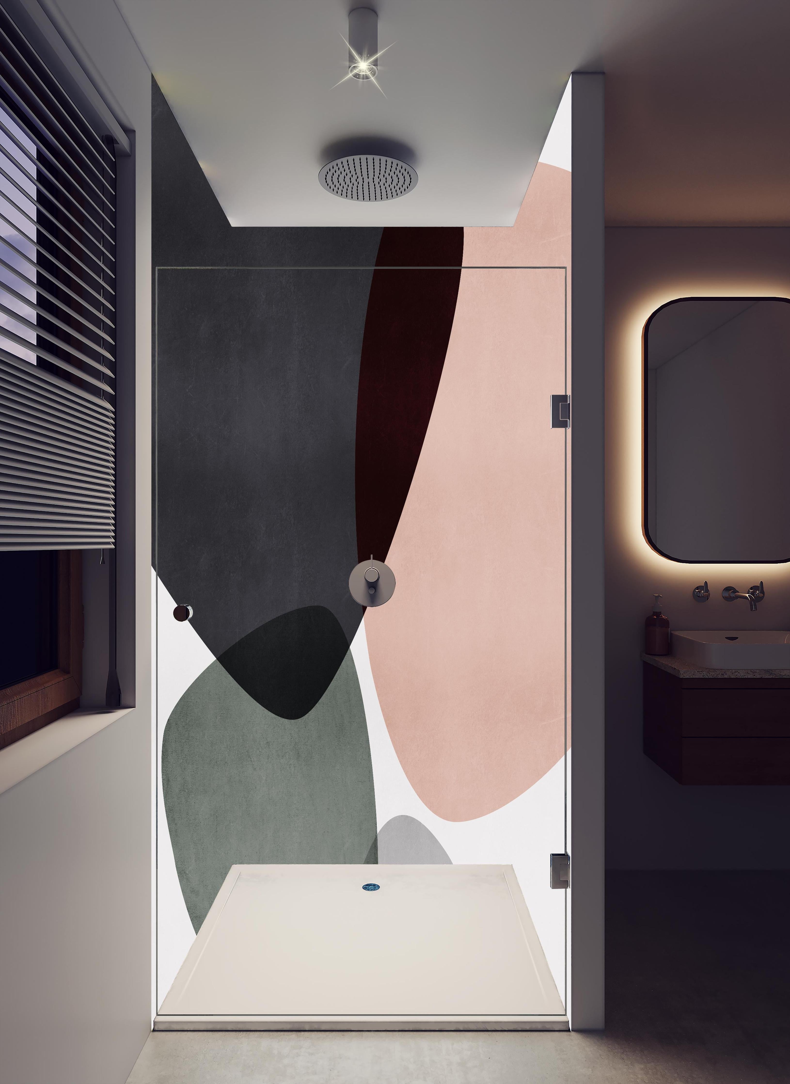 Duschrückwand - Abstrakte Geometrie in Pastellfarben in hellem Badezimmer mit Regenduschkopf - zweiteilige Eck-Duschrückwand