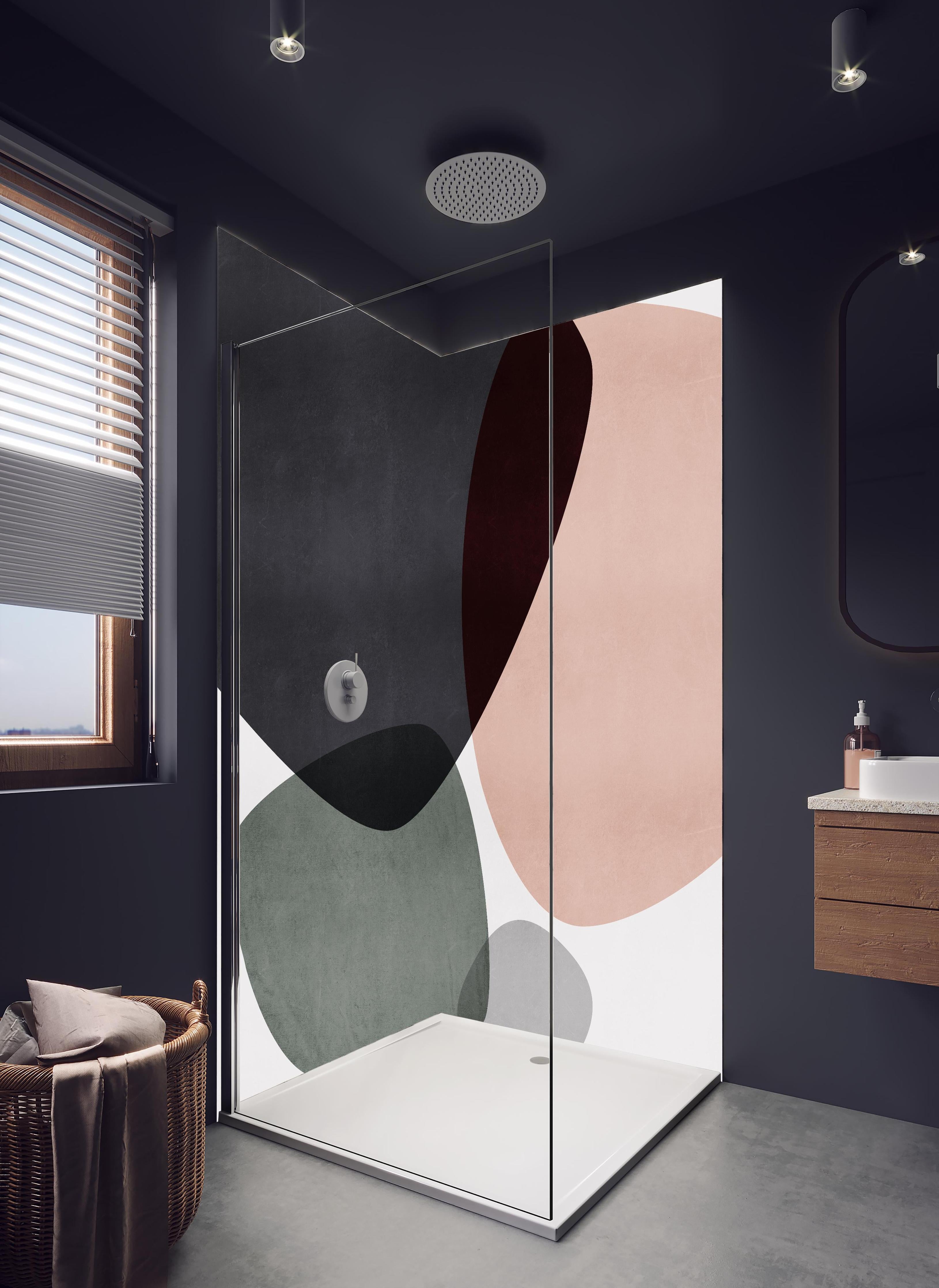 Duschrückwand - Abstrakte Geometrie in Pastellfarben in hellem Badezimmer mit Regenduschkopf - zweiteilige Eck-Duschrückwand