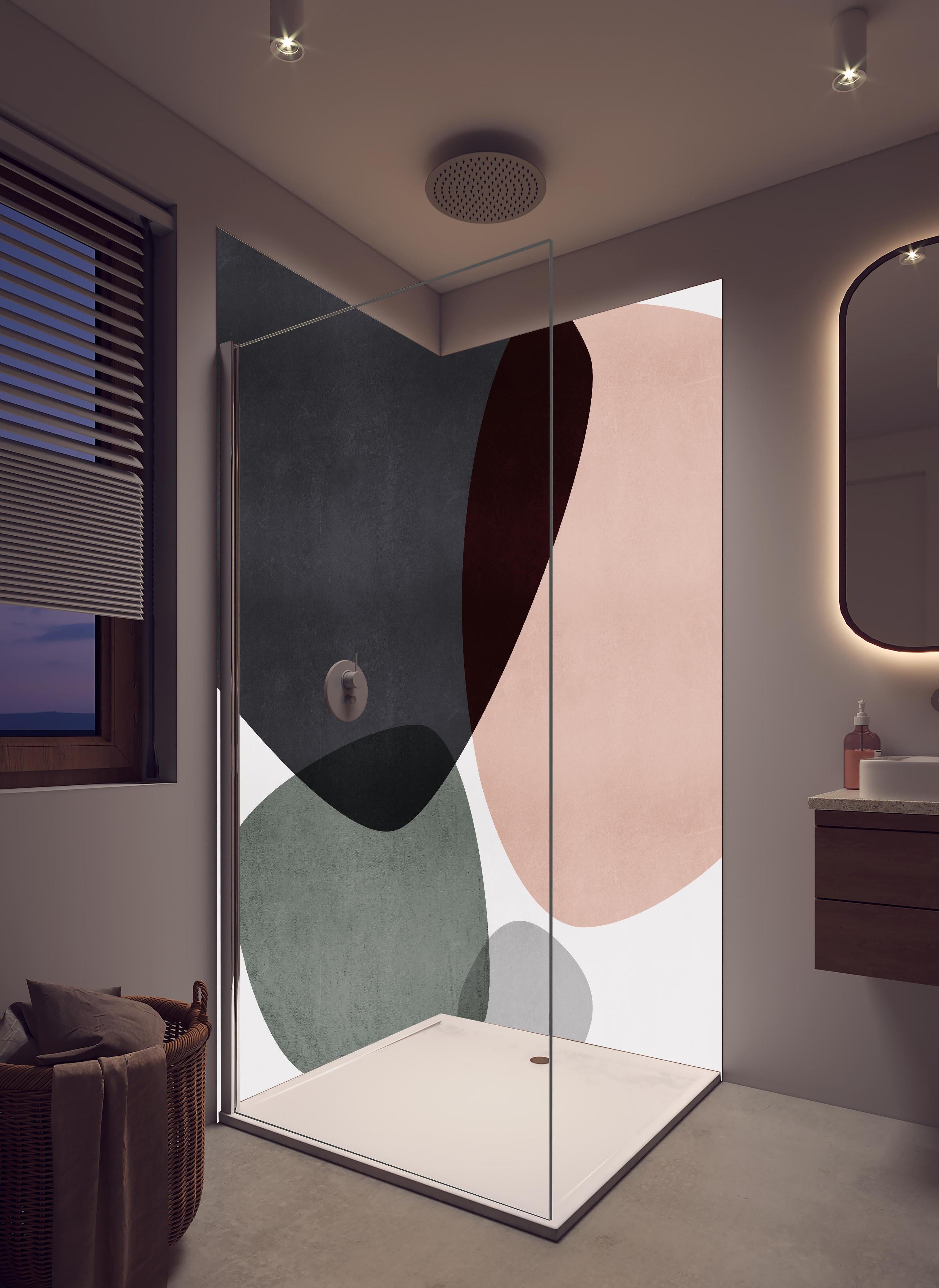 Duschrückwand - Abstrakte Geometrie in Pastellfarben in hellem Badezimmer mit Regenduschkopf - zweiteilige Eck-Duschrückwand