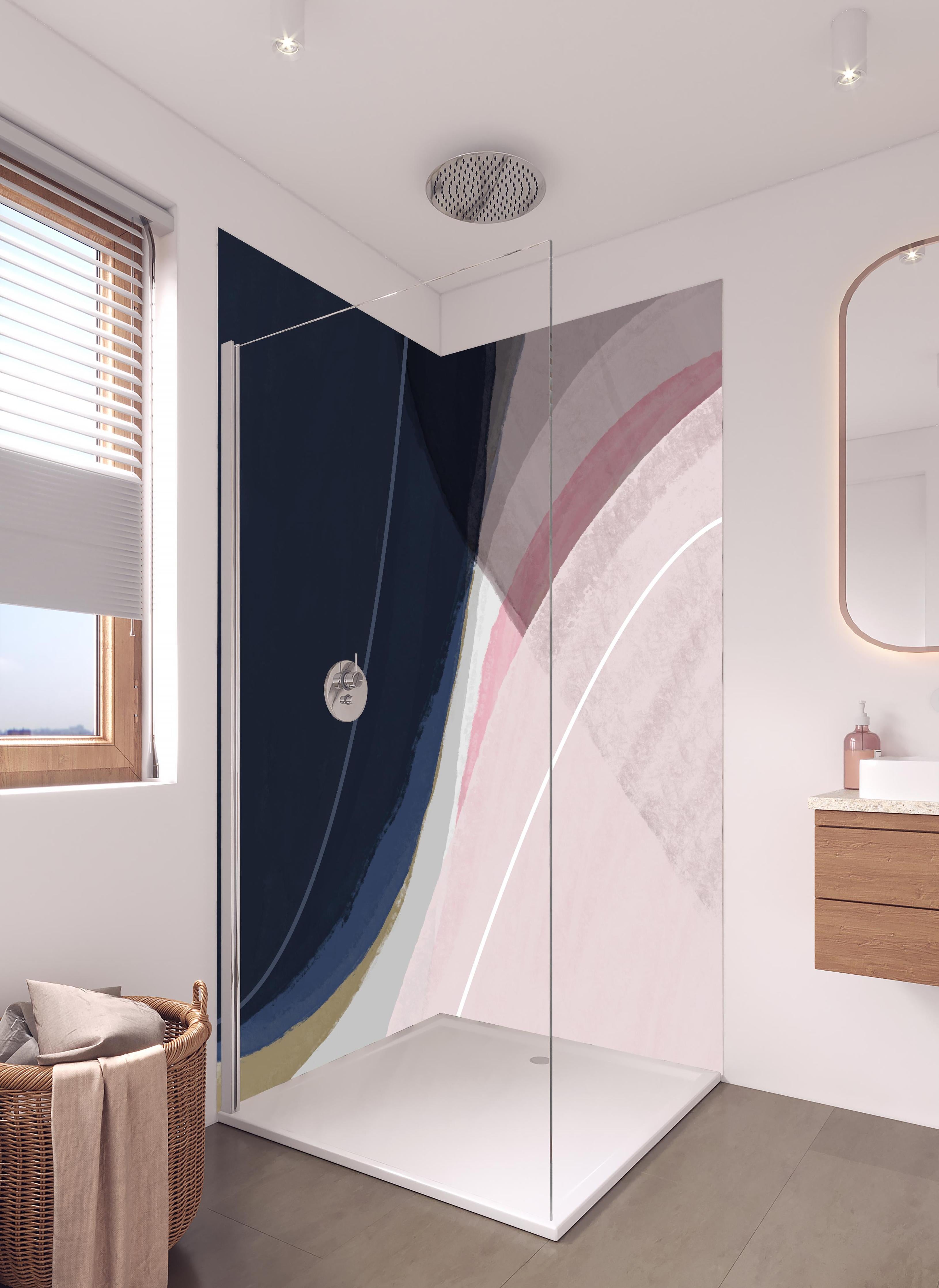 Duschrückwand - Abstrakte Geometrie in Sanften Pastelltönen in hellem Badezimmer mit Regenduschkopf - zweiteilige Eck-Duschrückwand