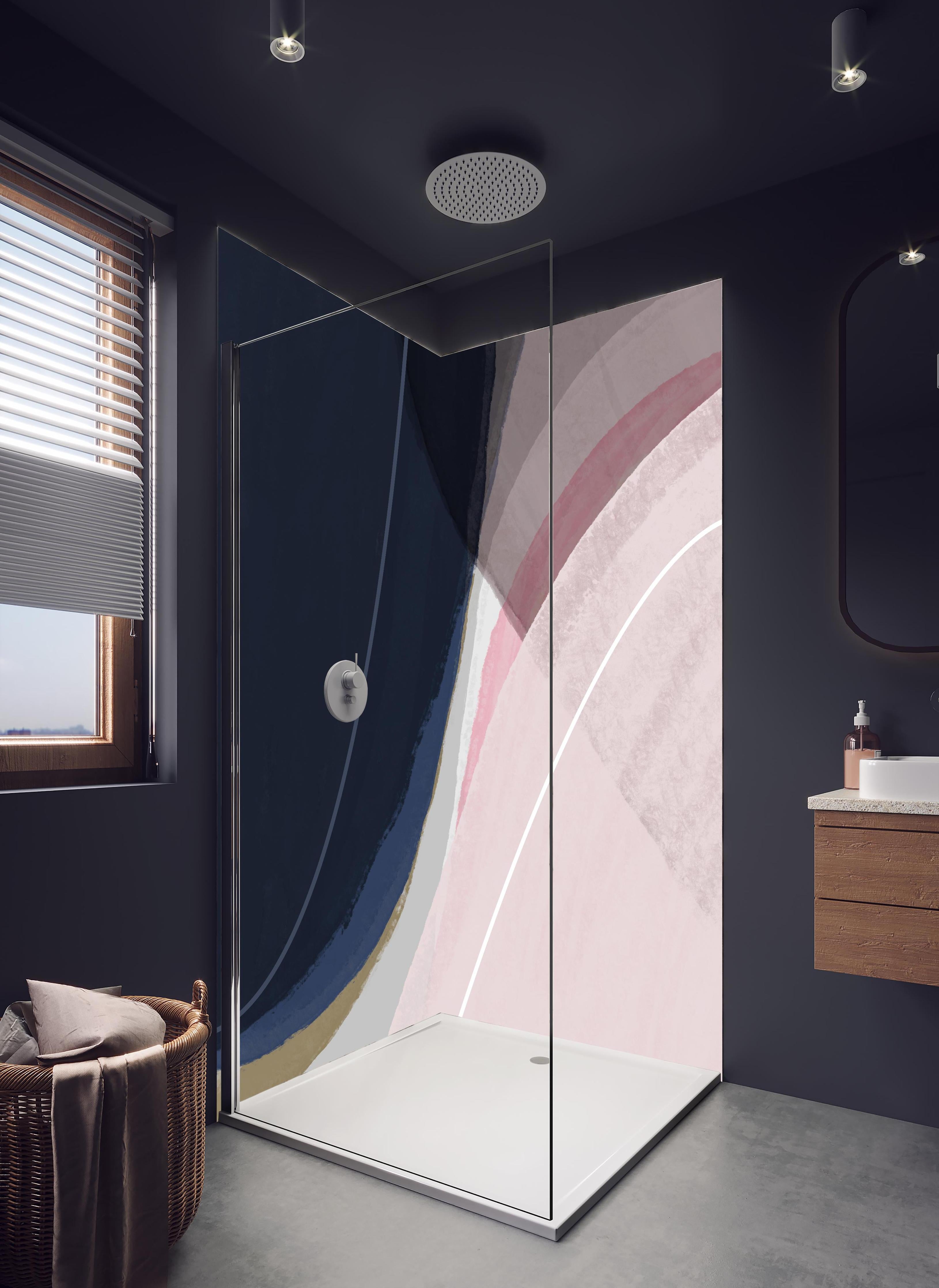 Duschrückwand - Abstrakte Geometrie in Sanften Pastelltönen in hellem Badezimmer mit Regenduschkopf - zweiteilige Eck-Duschrückwand