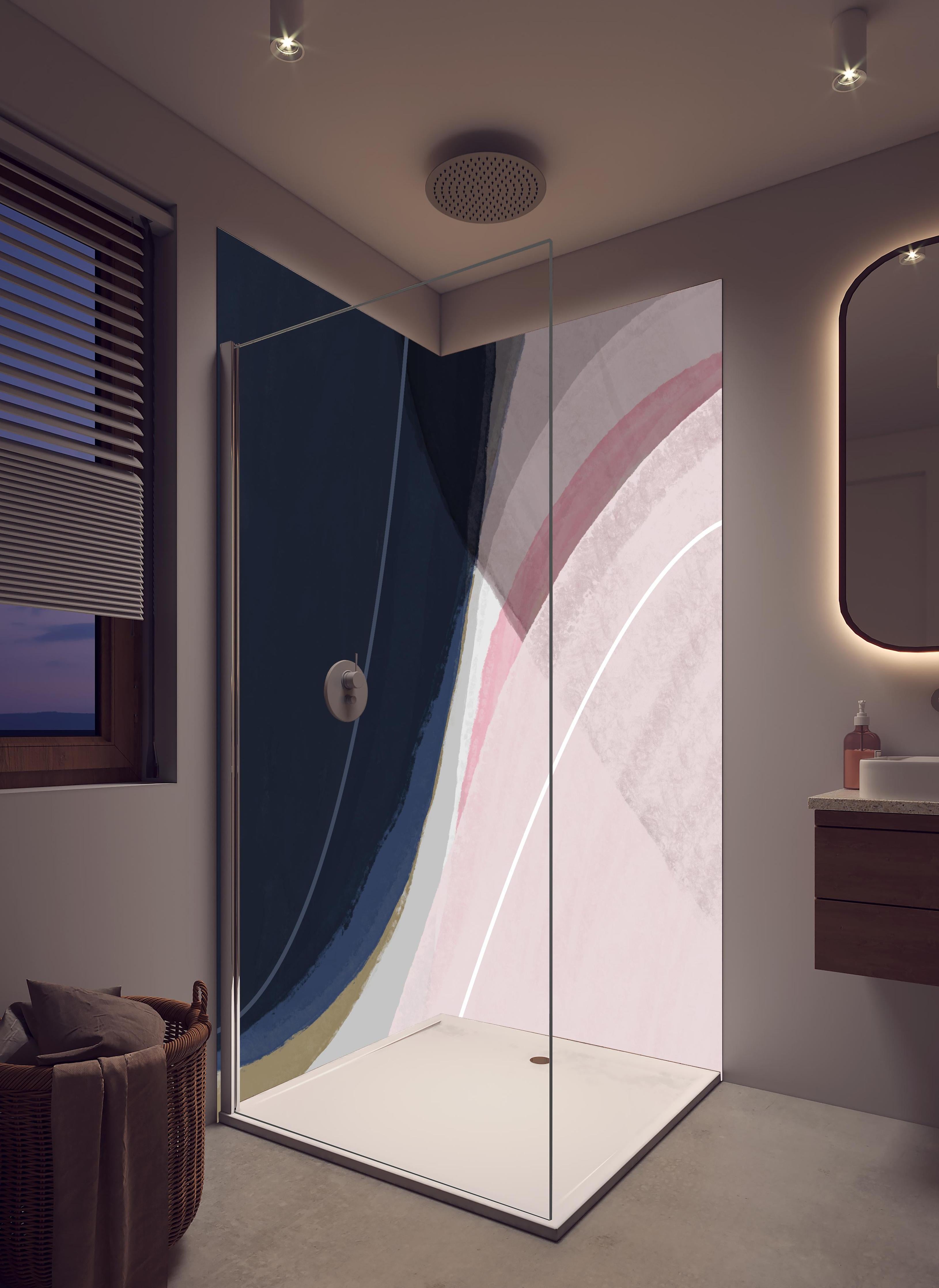 Duschrückwand - Abstrakte Geometrie in Sanften Pastelltönen in hellem Badezimmer mit Regenduschkopf - zweiteilige Eck-Duschrückwand