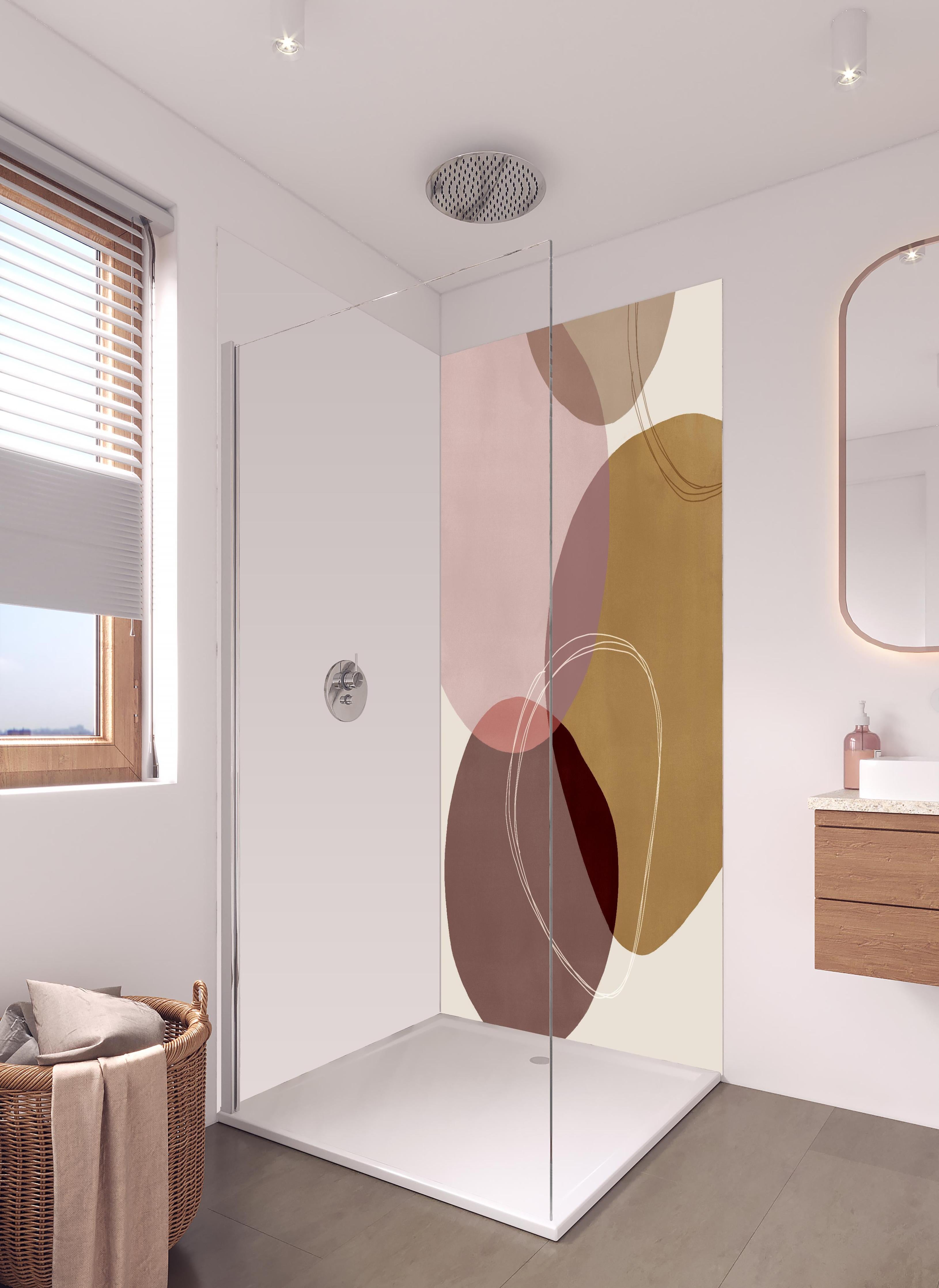 Duschrückwand - Abstrakte Geometrie in sanften Pastellfarben in hellem Badezimmer mit Regenduschkopf - zweiteilige Eck-Duschrückwand