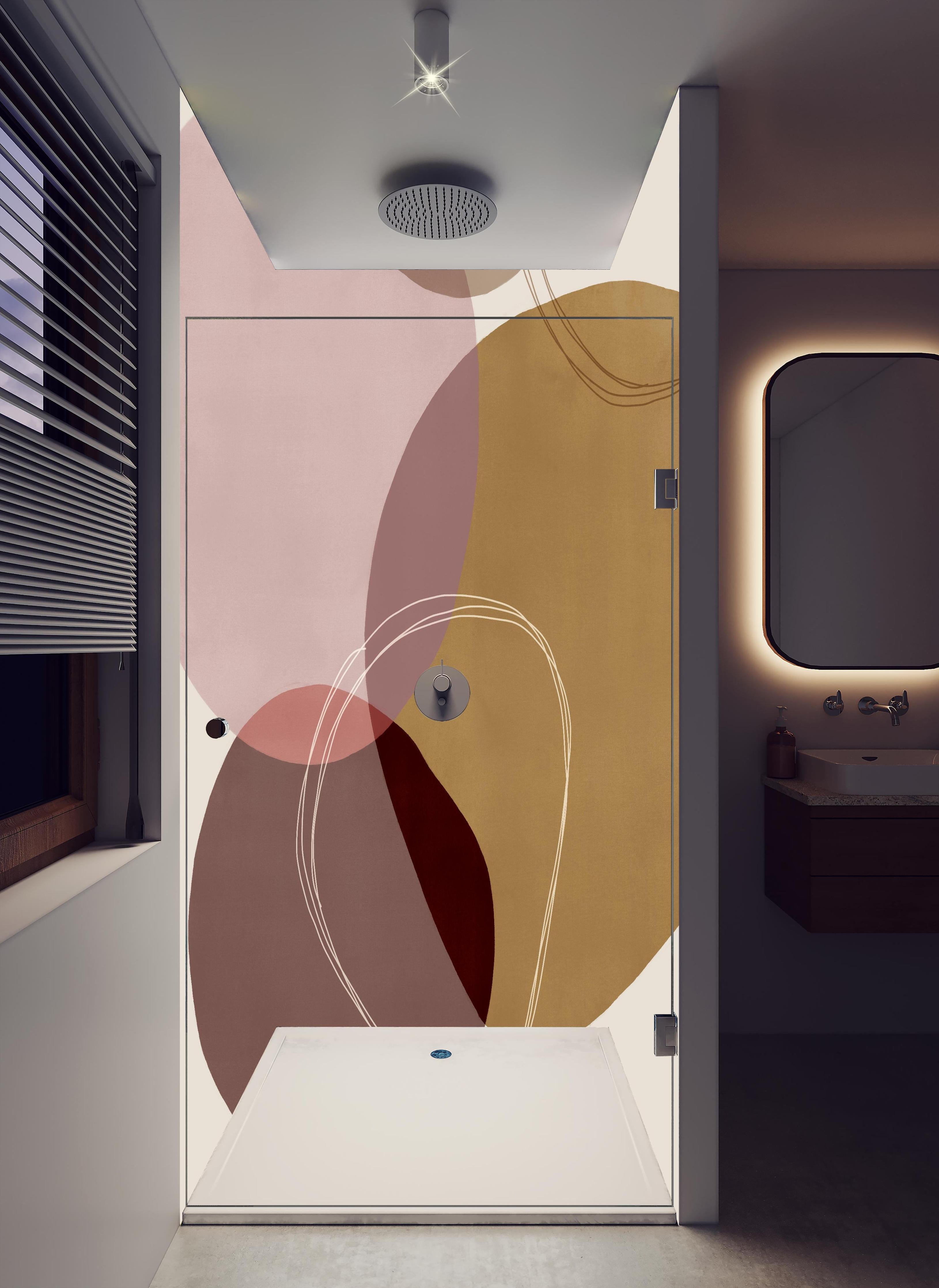 Duschrückwand - Abstrakte Geometrie in sanften Pastellfarben in hellem Badezimmer mit Regenduschkopf - zweiteilige Eck-Duschrückwand