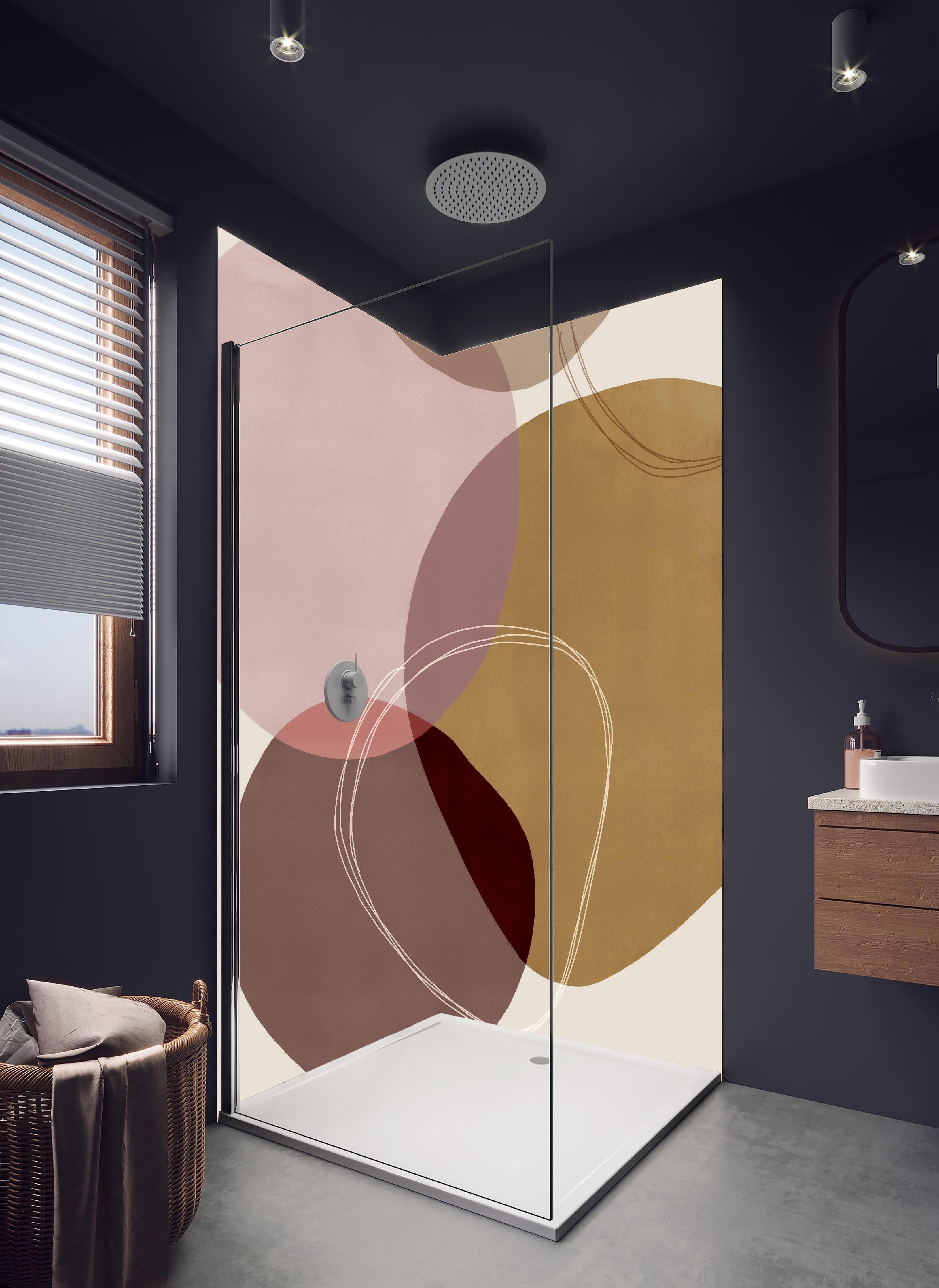 Duschrückwand - Abstrakte Geometrie in sanften Pastellfarben in hellem Badezimmer mit Regenduschkopf - zweiteilige Eck-Duschrückwand