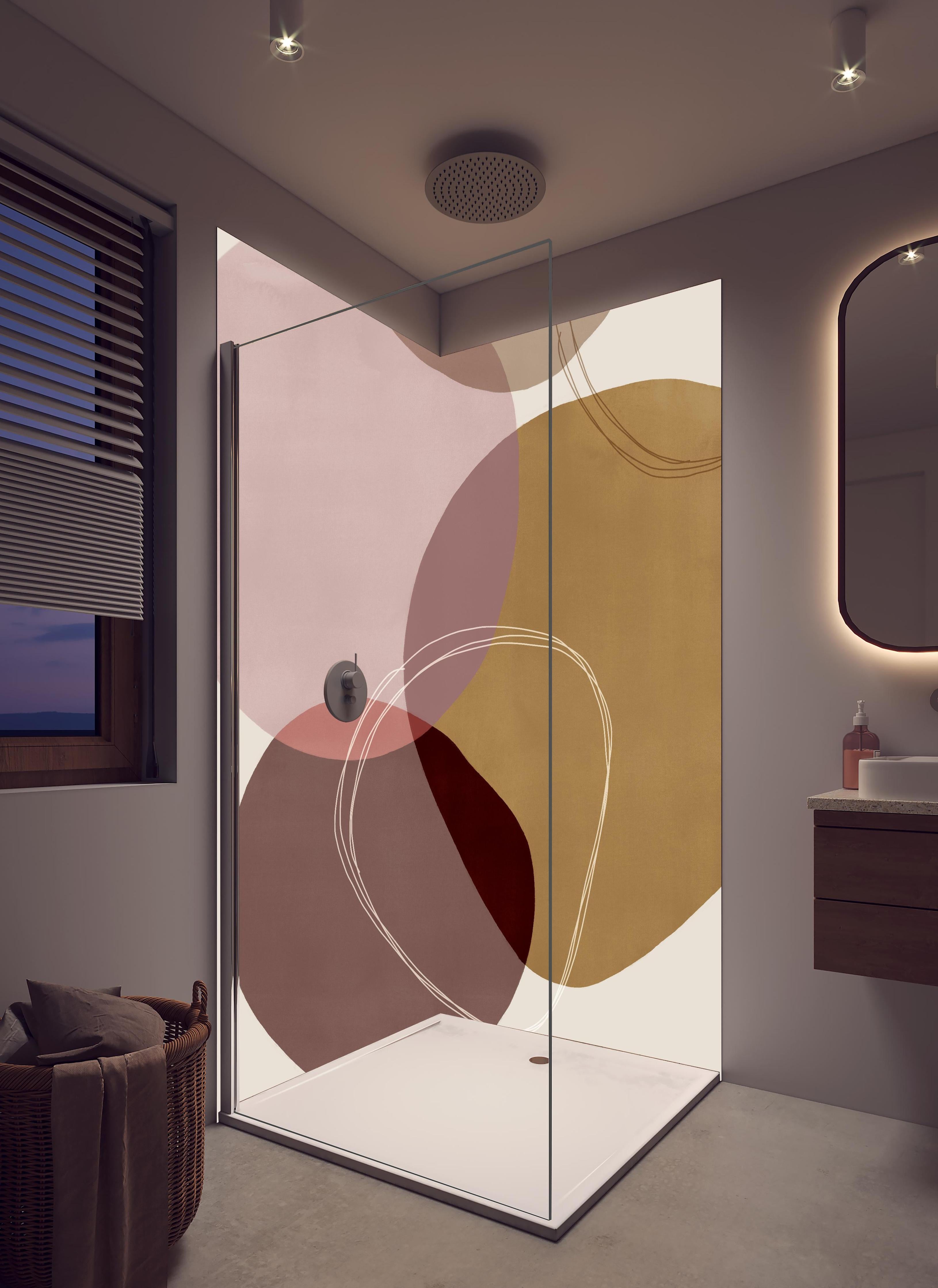 Duschrückwand - Abstrakte Geometrie in sanften Pastellfarben in hellem Badezimmer mit Regenduschkopf - zweiteilige Eck-Duschrückwand