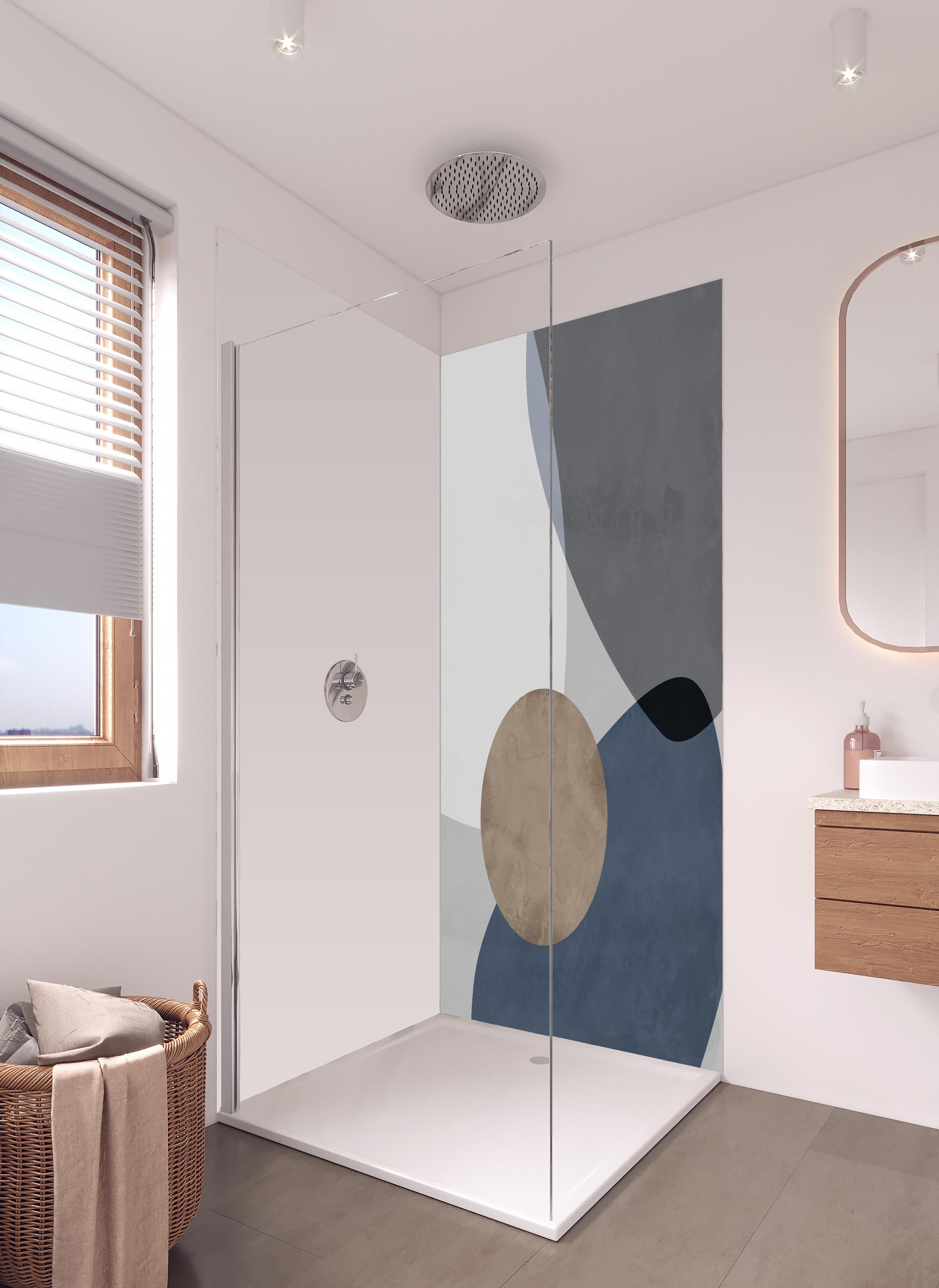 Duschrückwand - Abstrakte Geometrik in Pastell-Blau und Sanftem Grau in hellem Badezimmer mit Regenduschkopf - zweiteilige Eck-Duschrückwand