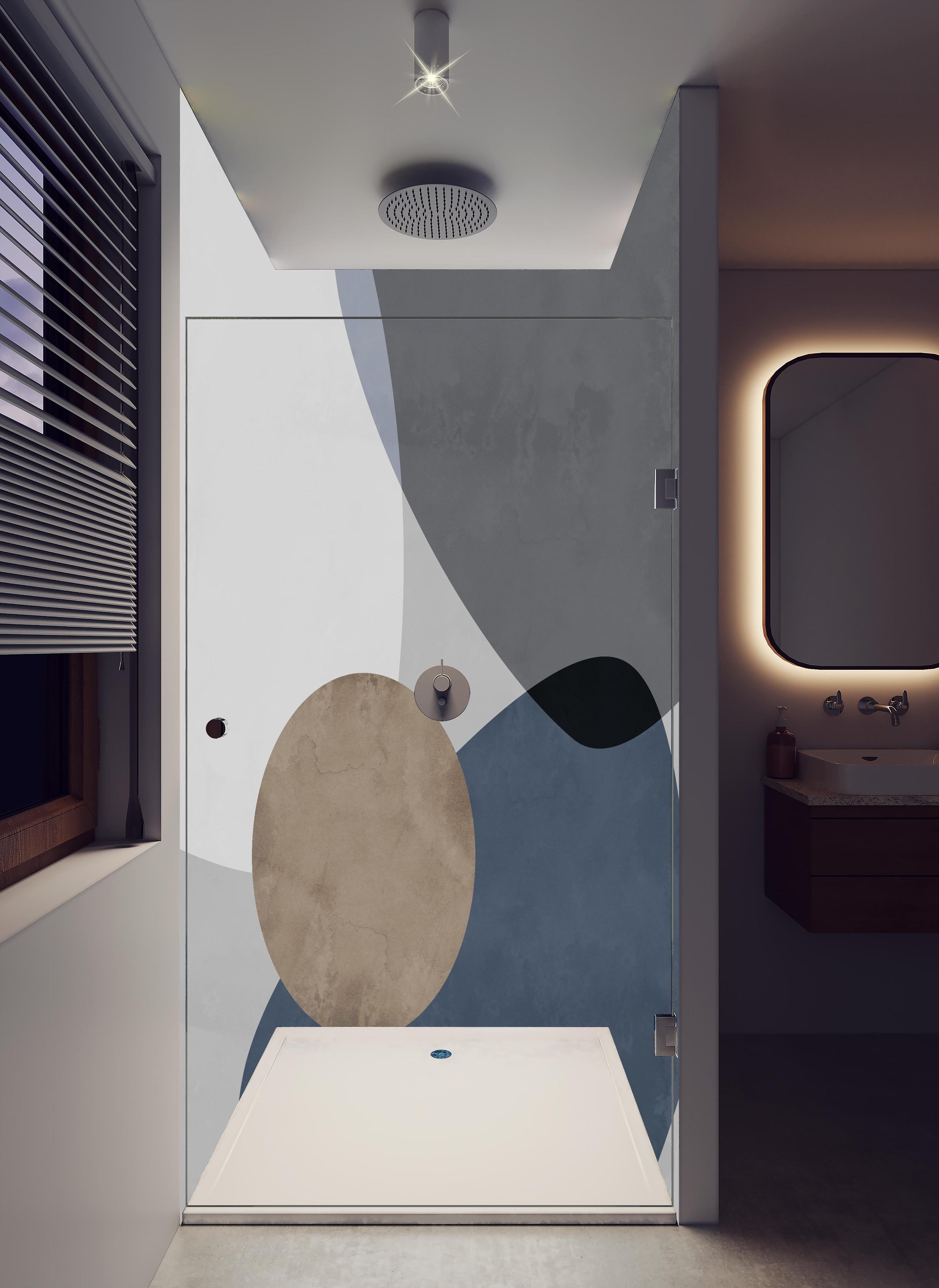 Duschrückwand - Abstrakte Geometrik in Pastell-Blau und Sanftem Grau in hellem Badezimmer mit Regenduschkopf - zweiteilige Eck-Duschrückwand