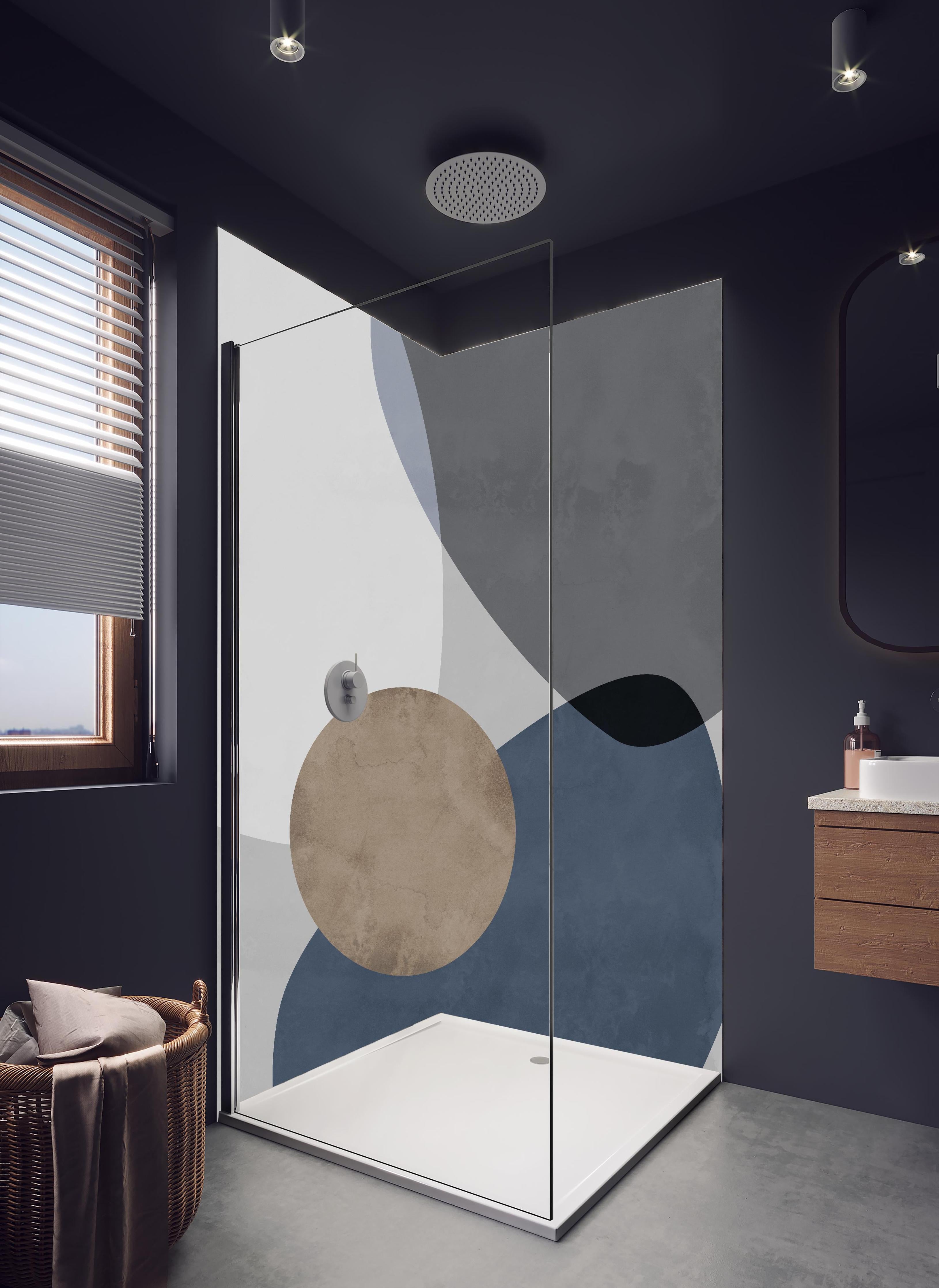 Duschrückwand - Abstrakte Geometrik in Pastell-Blau und Sanftem Grau in hellem Badezimmer mit Regenduschkopf - zweiteilige Eck-Duschrückwand