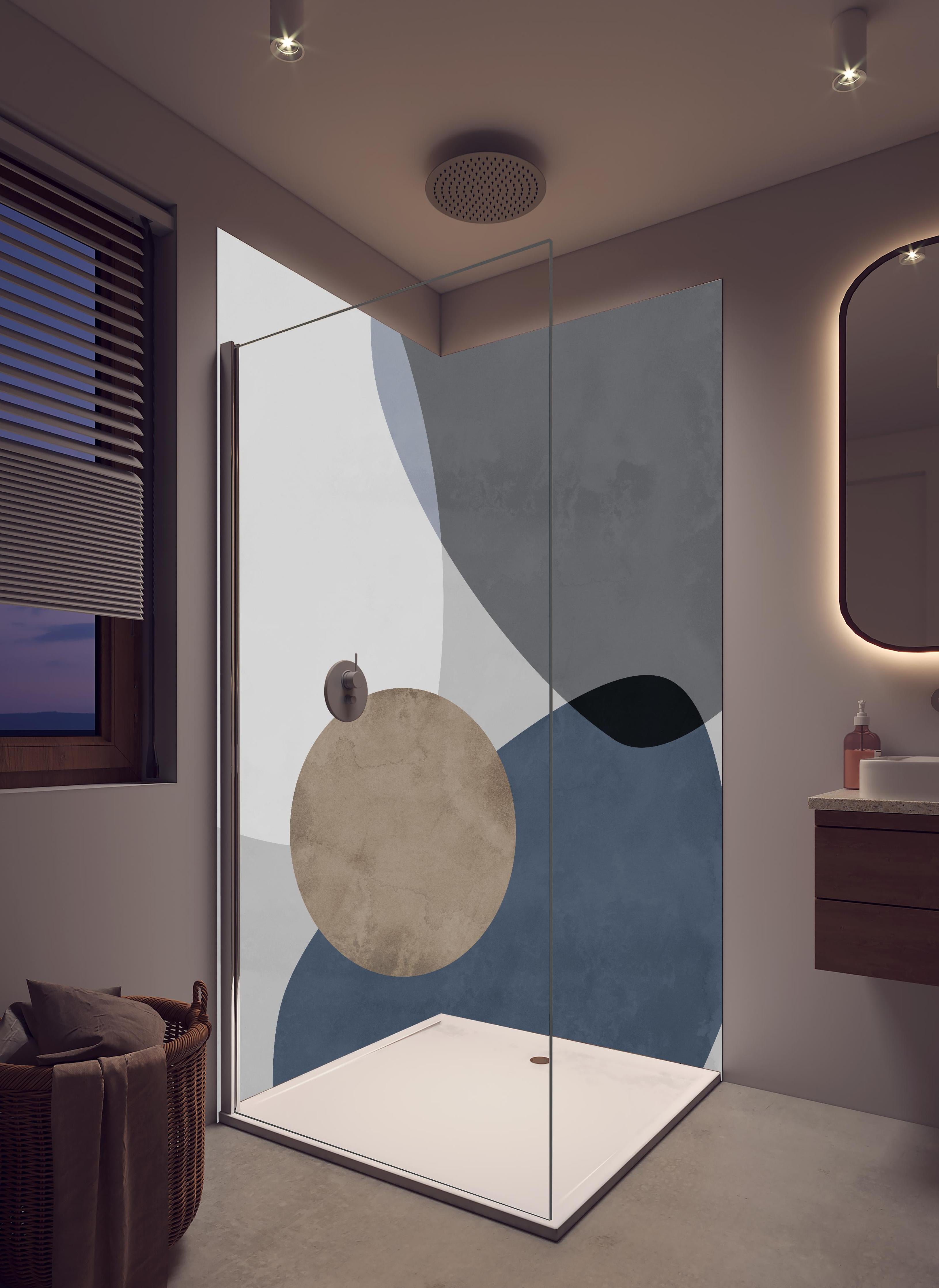 Duschrückwand - Abstrakte Geometrik in Pastell-Blau und Sanftem Grau in hellem Badezimmer mit Regenduschkopf - zweiteilige Eck-Duschrückwand