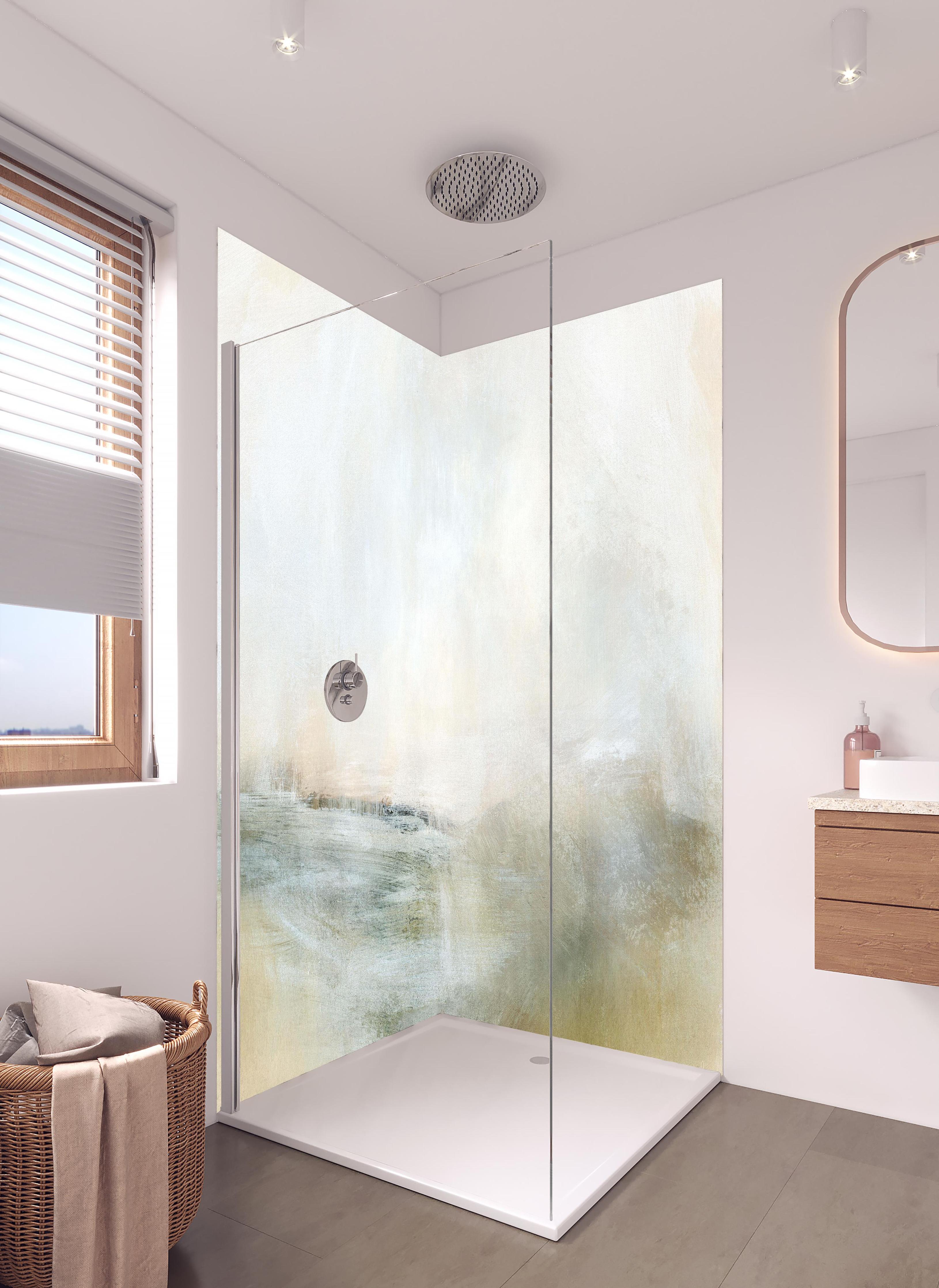 Duschrückwand - Abstrakte Grafik - Öl Farben in hellem Badezimmer mit Regenduschkopf - zweiteilige Eck-Duschrückwand