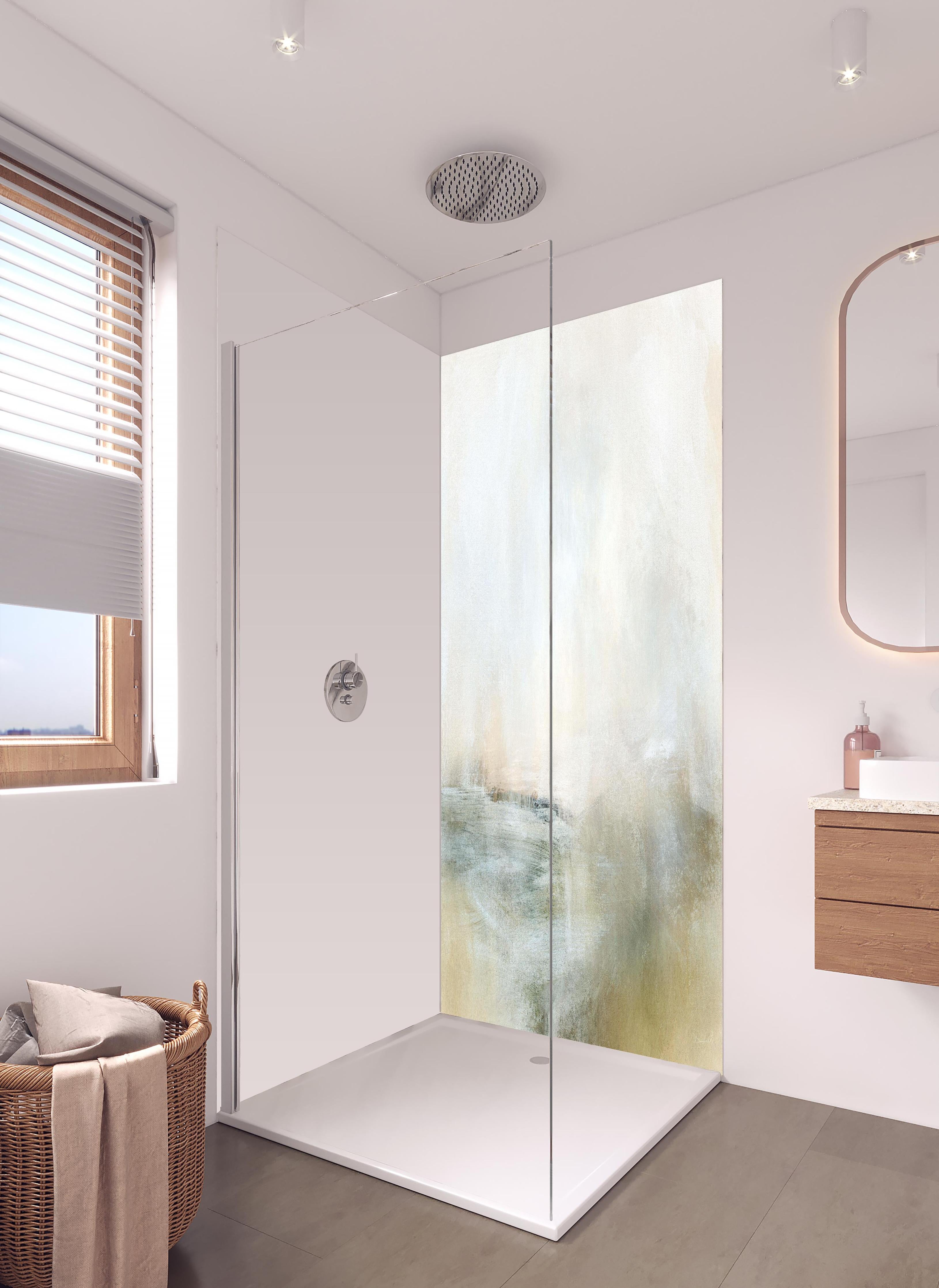 Duschrückwand - Abstrakte Grafik - Öl Farben in hellem Badezimmer mit Regenduschkopf - zweiteilige Eck-Duschrückwand