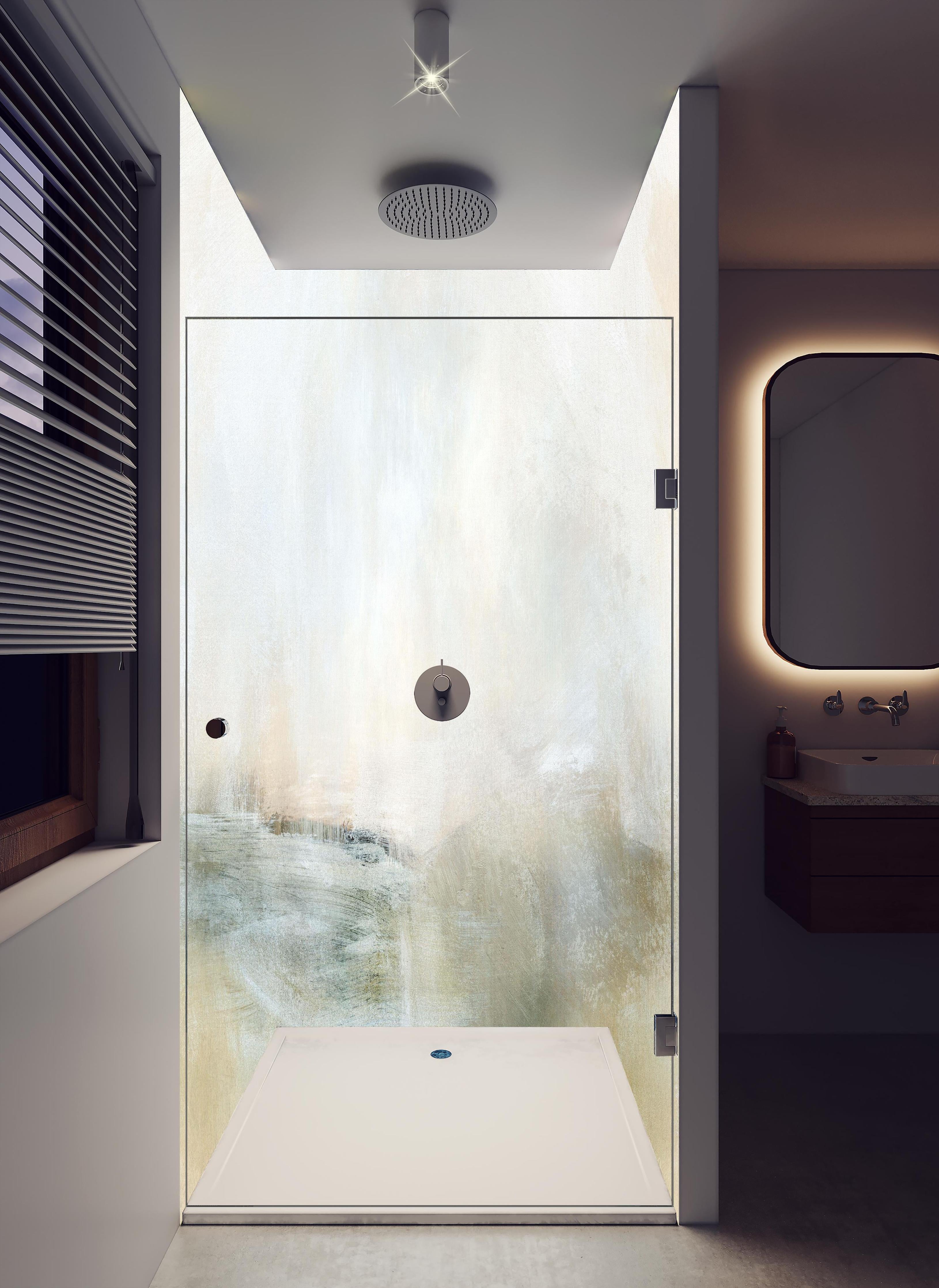 Duschrückwand - Abstrakte Grafik - Öl Farben in hellem Badezimmer mit Regenduschkopf - zweiteilige Eck-Duschrückwand