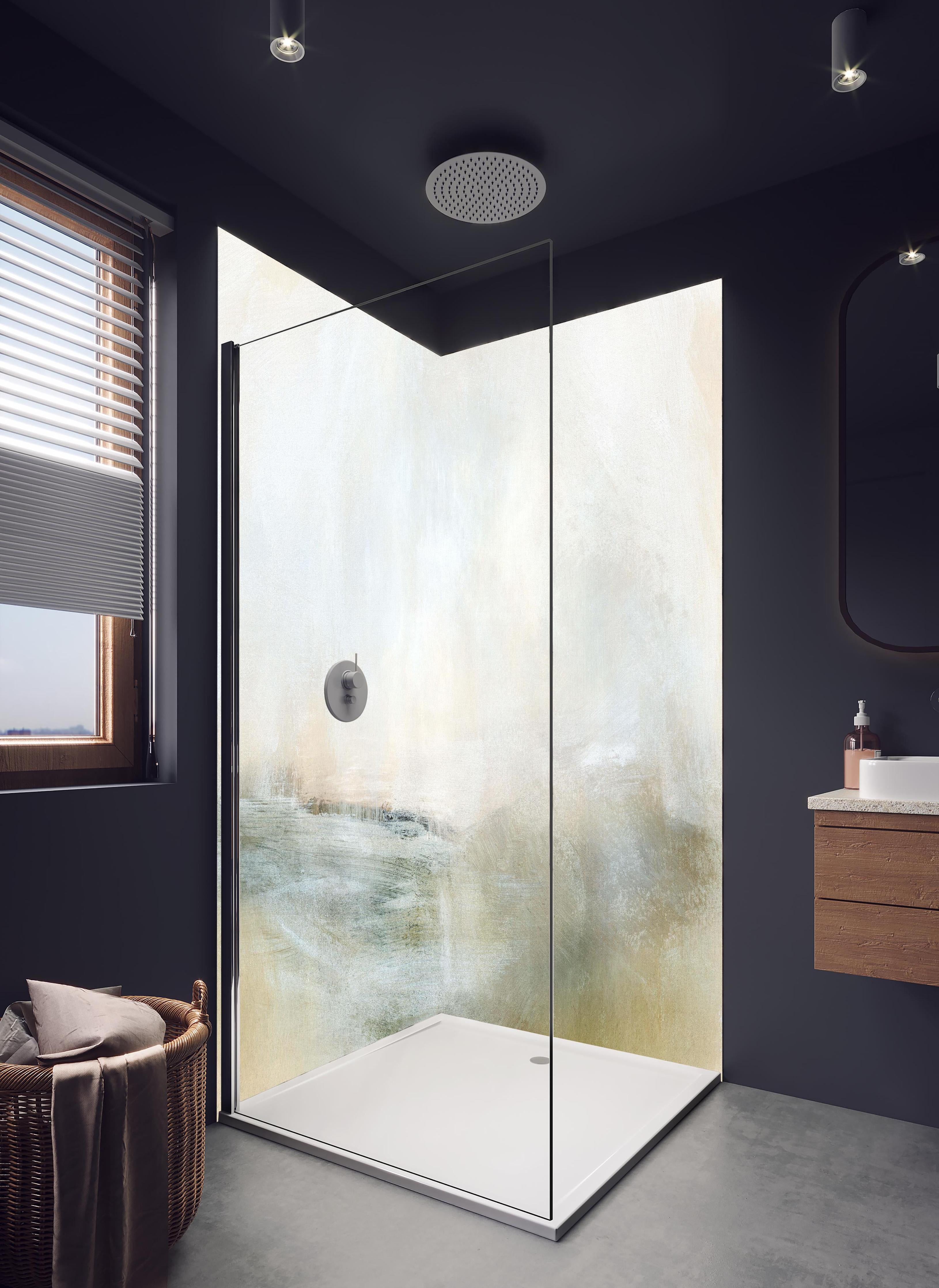 Duschrückwand - Abstrakte Grafik - Öl Farben in hellem Badezimmer mit Regenduschkopf - zweiteilige Eck-Duschrückwand