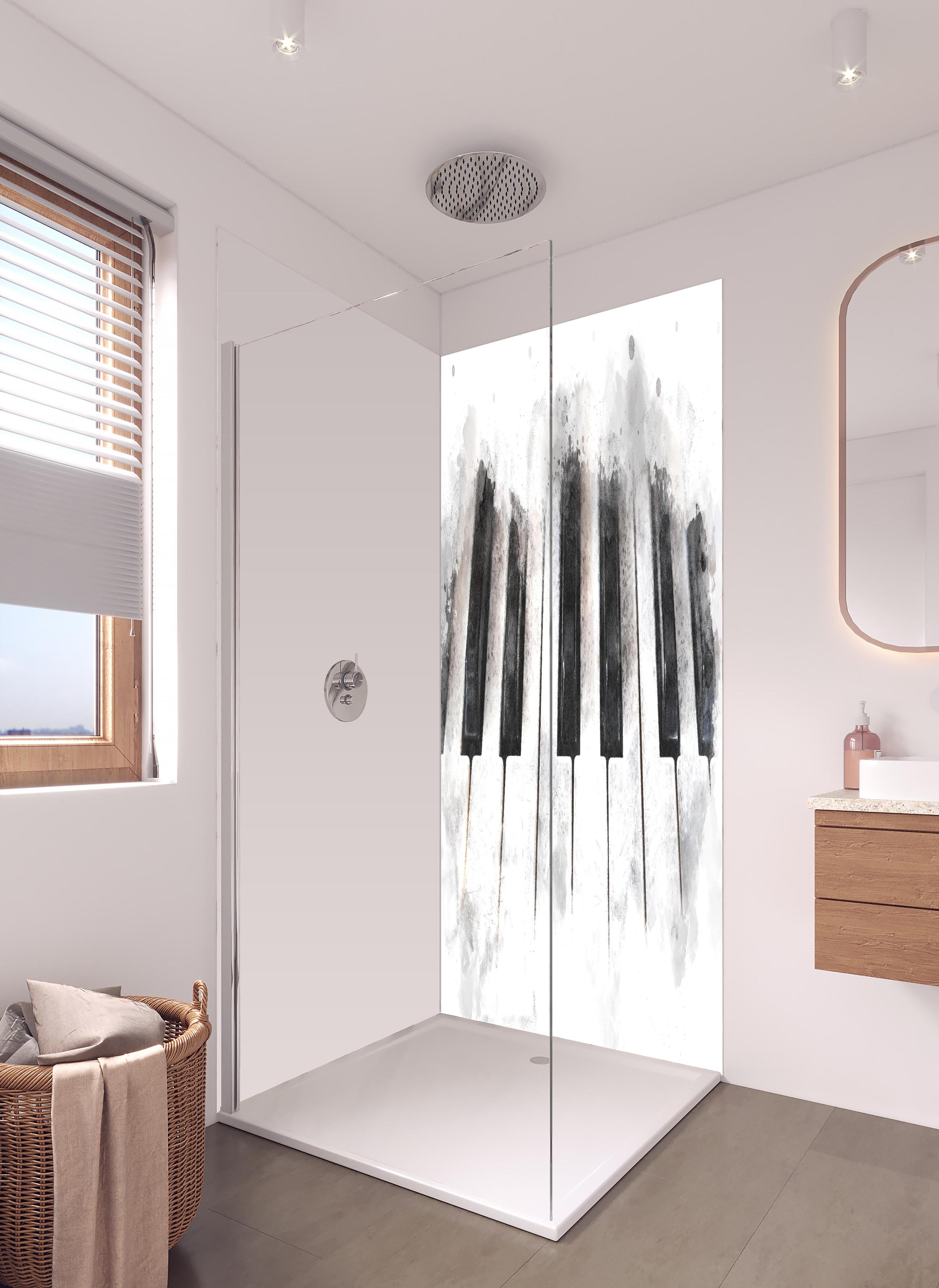 Duschrückwand - Abstrakte Klaviertastatur - Schwarz-weiß in hellem Badezimmer mit Regenduschkopf - zweiteilige Eck-Duschrückwand
