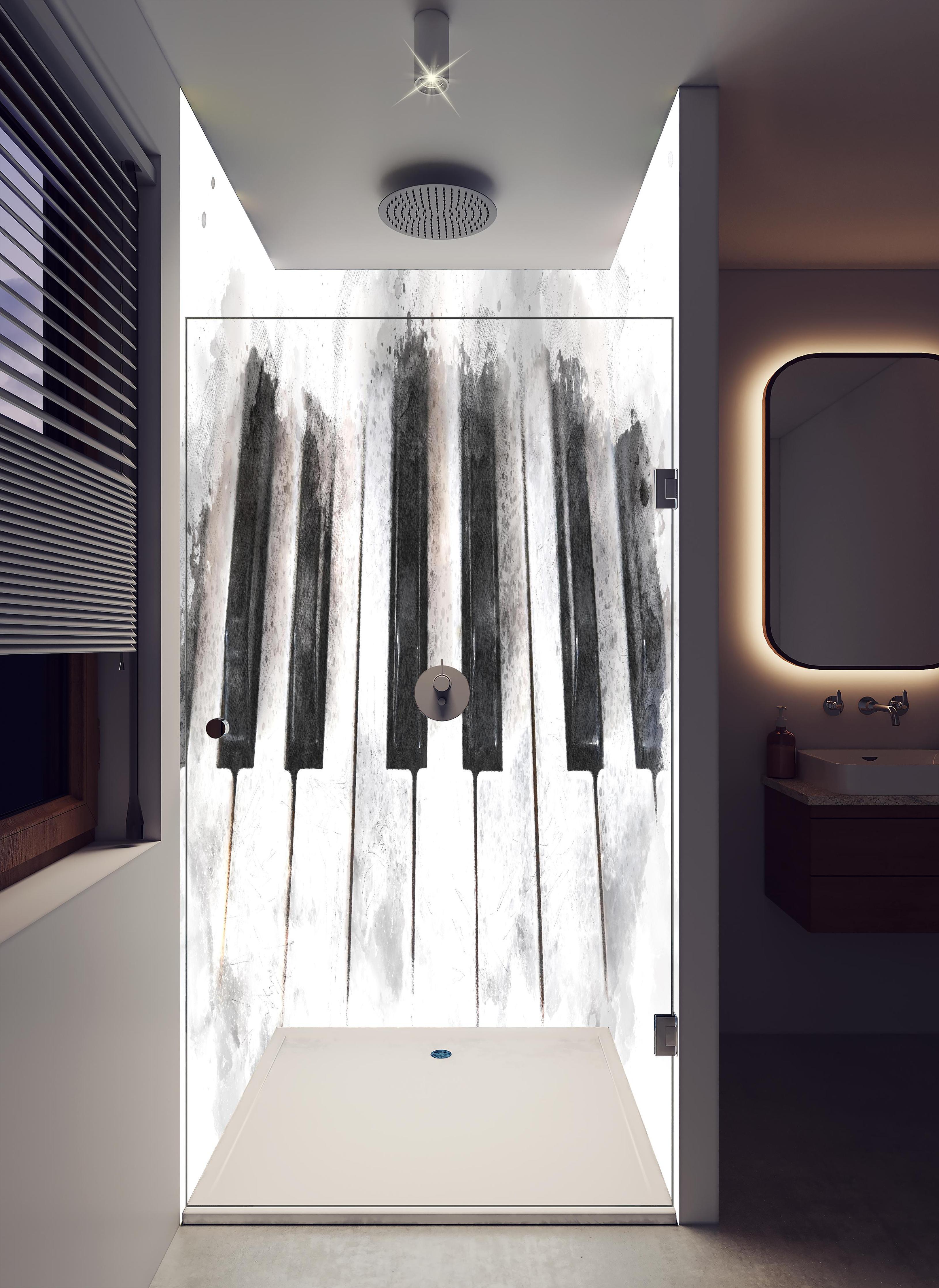 Duschrückwand - Abstrakte Klaviertastatur - Schwarz-weiß in hellem Badezimmer mit Regenduschkopf - zweiteilige Eck-Duschrückwand