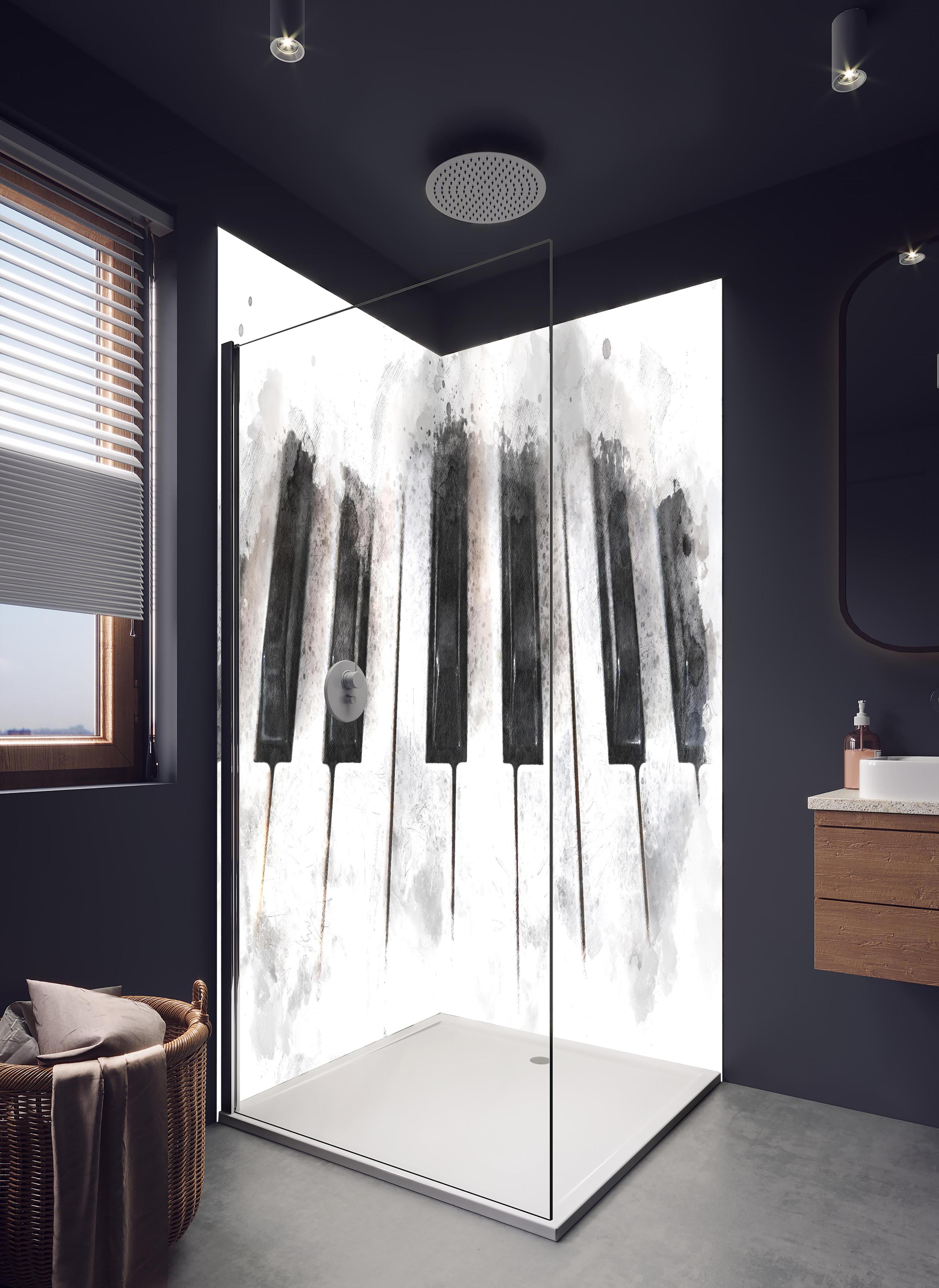Duschrückwand - Abstrakte Klaviertastatur - Schwarz-weiß in hellem Badezimmer mit Regenduschkopf - zweiteilige Eck-Duschrückwand