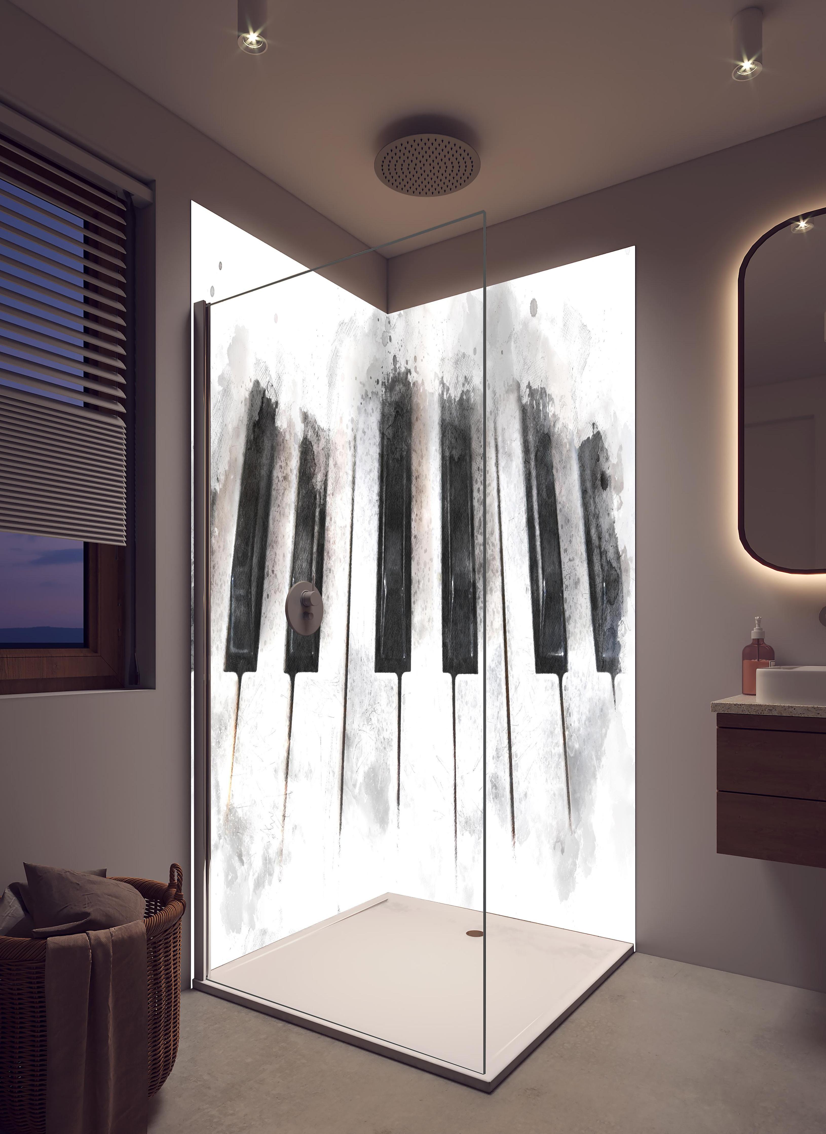 Duschrückwand - Abstrakte Klaviertastatur - Schwarz-weiß in hellem Badezimmer mit Regenduschkopf - zweiteilige Eck-Duschrückwand