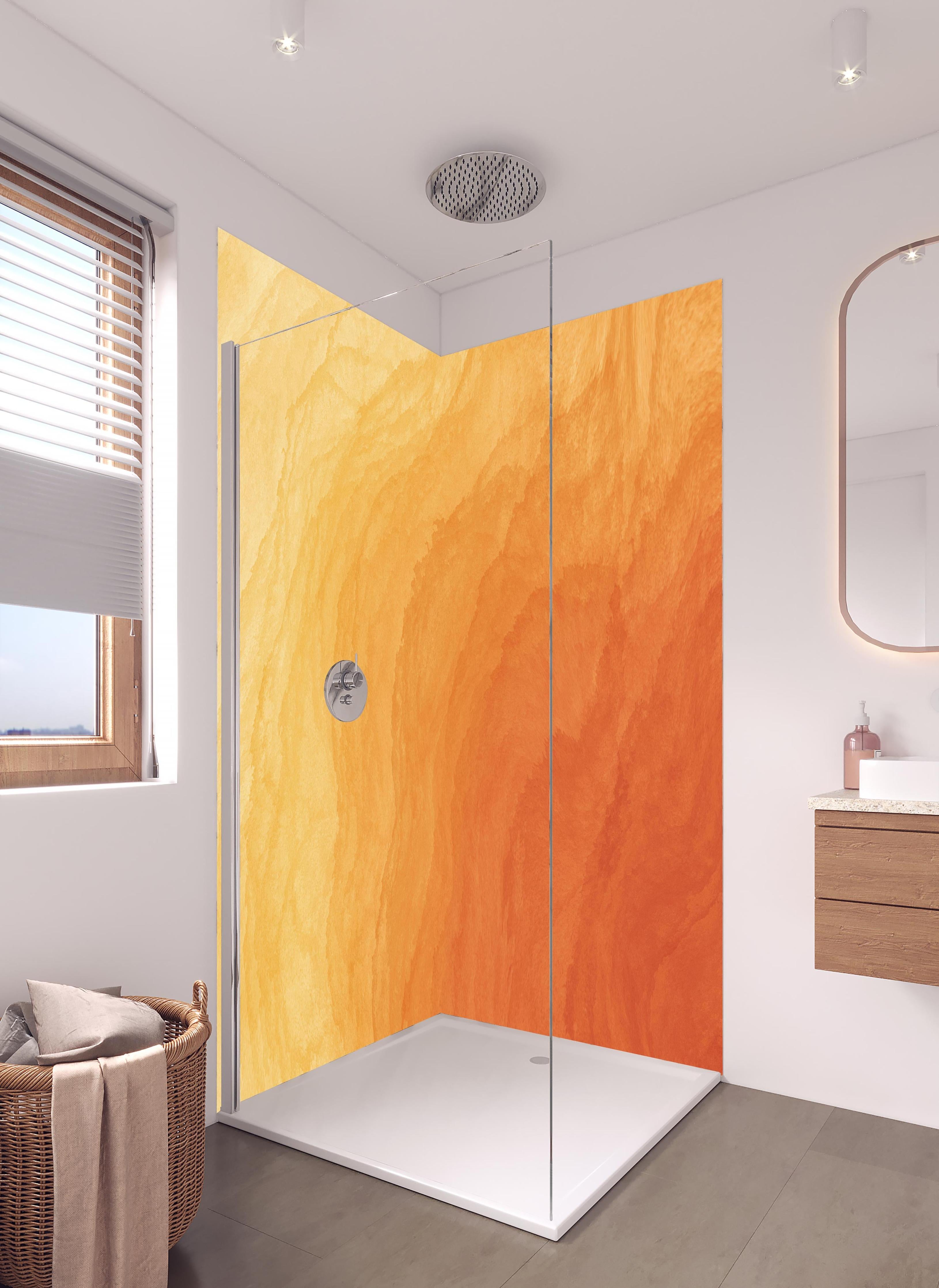 Duschrückwand - Abstrakte Kunst - Aquarell in hellem Badezimmer mit Regenduschkopf - zweiteilige Eck-Duschrückwand