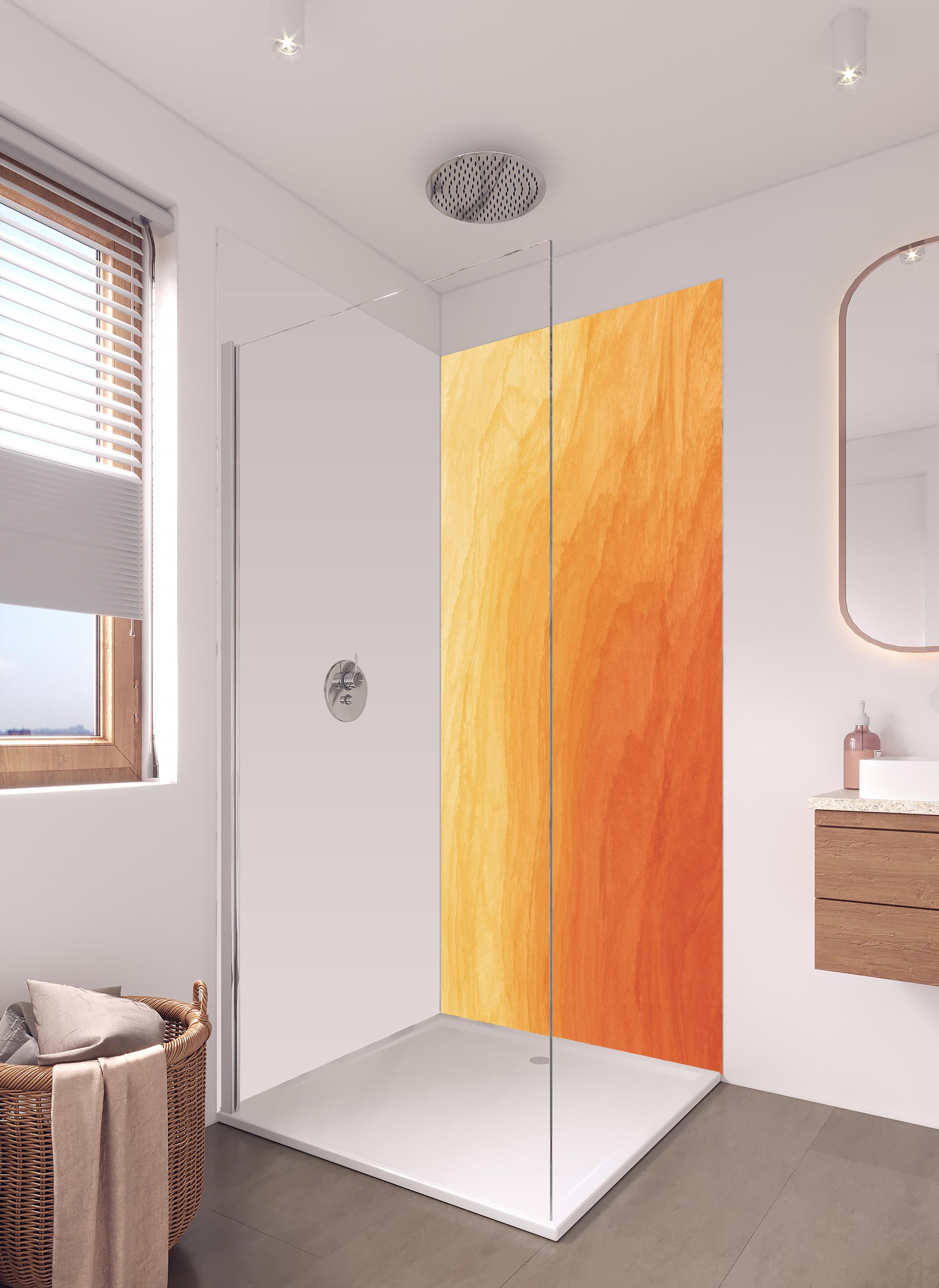 Duschrückwand - Abstrakte Kunst - Aquarell in hellem Badezimmer mit Regenduschkopf - zweiteilige Eck-Duschrückwand