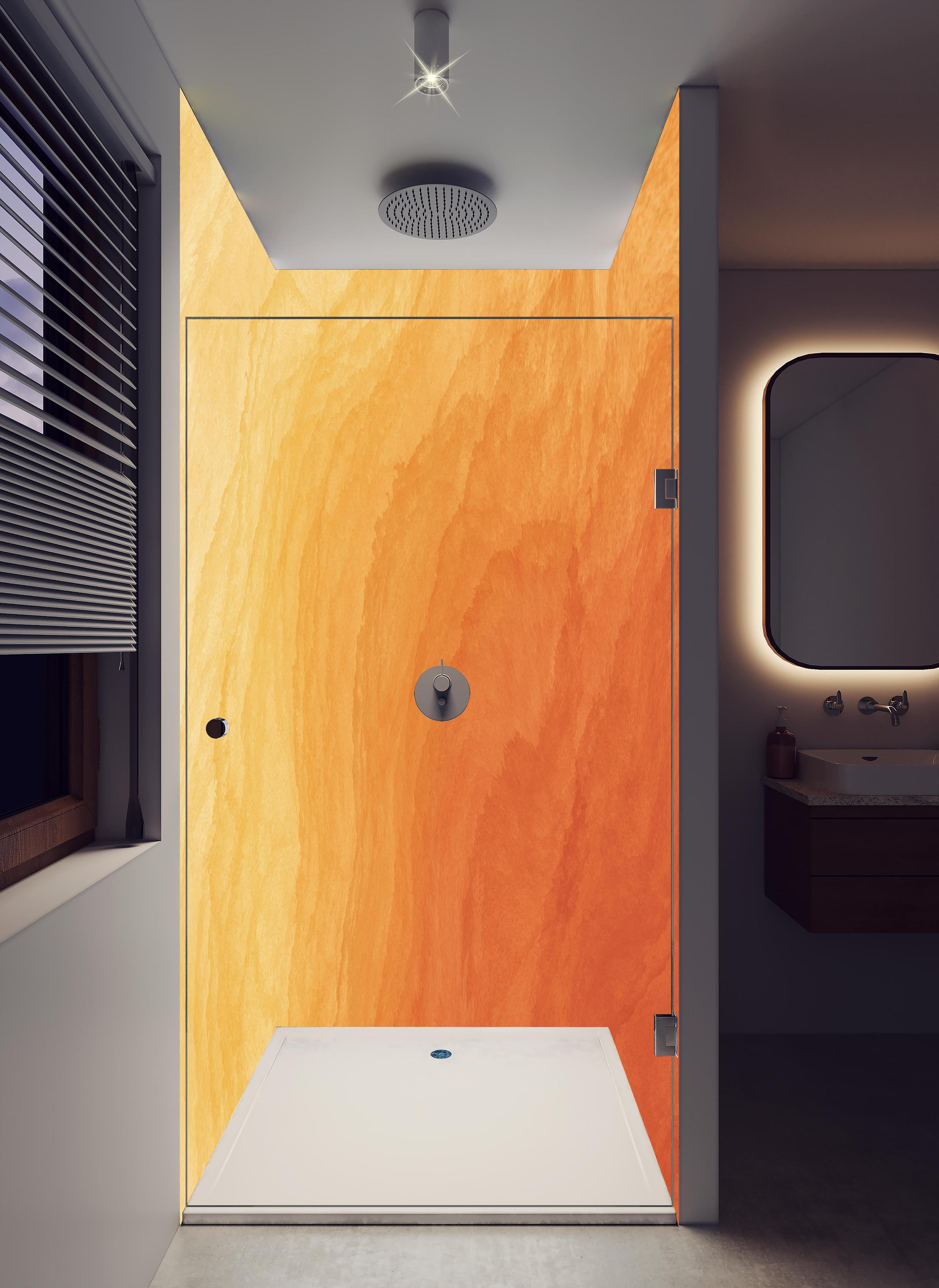 Duschrückwand - Abstrakte Kunst - Aquarell in hellem Badezimmer mit Regenduschkopf - zweiteilige Eck-Duschrückwand