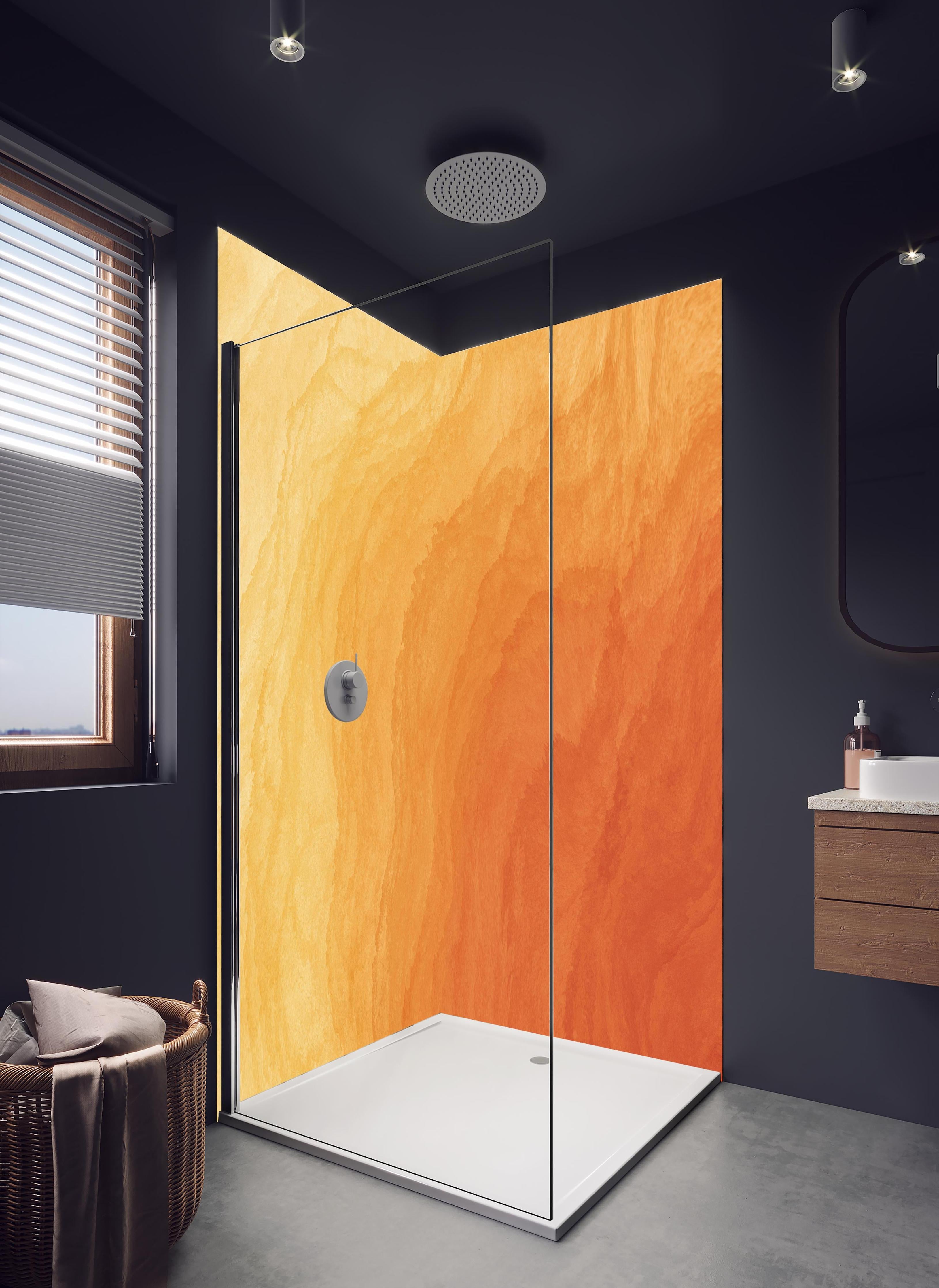 Duschrückwand - Abstrakte Kunst - Aquarell in hellem Badezimmer mit Regenduschkopf - zweiteilige Eck-Duschrückwand