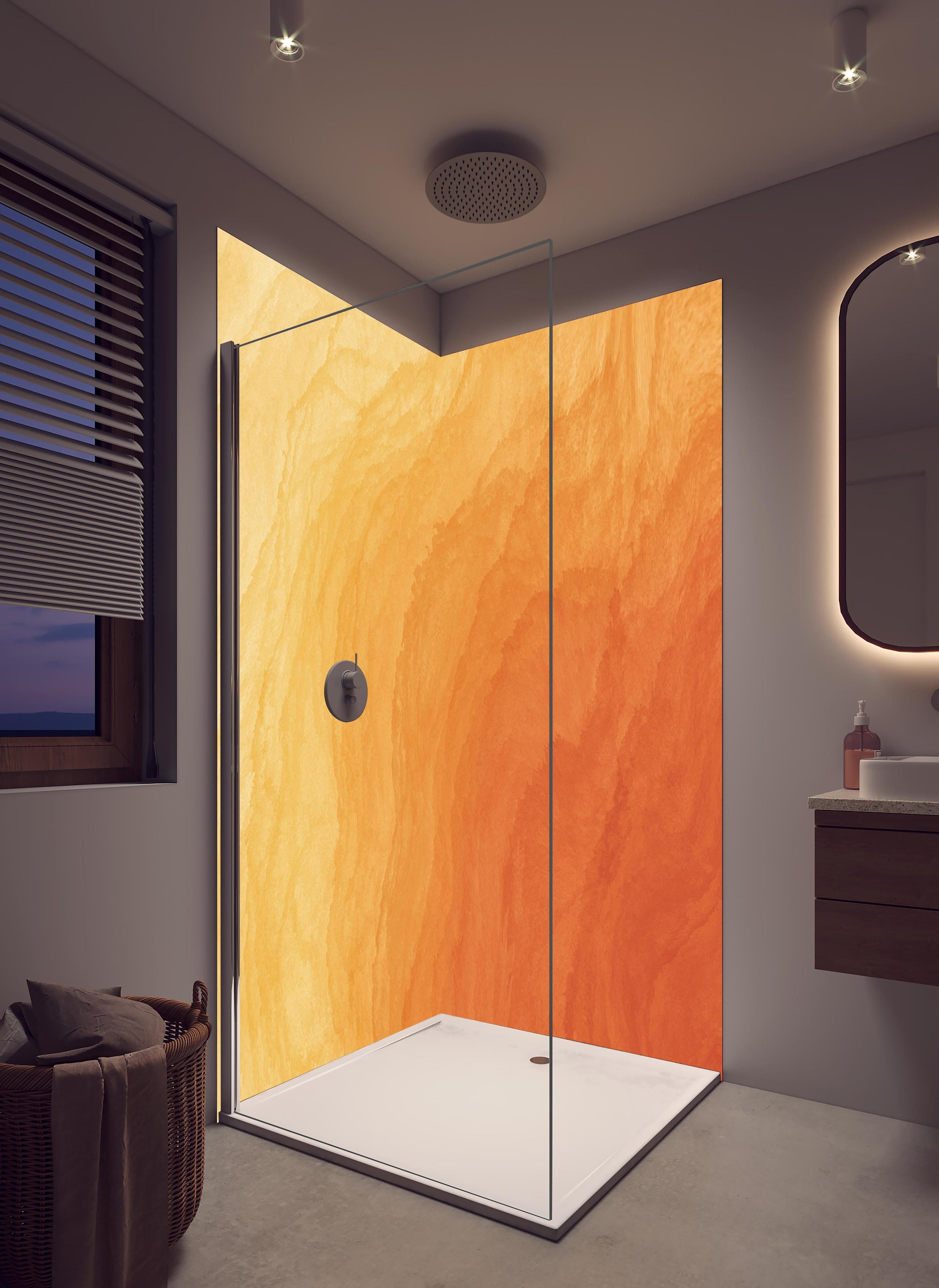 Duschrückwand - Abstrakte Kunst - Aquarell in hellem Badezimmer mit Regenduschkopf - zweiteilige Eck-Duschrückwand