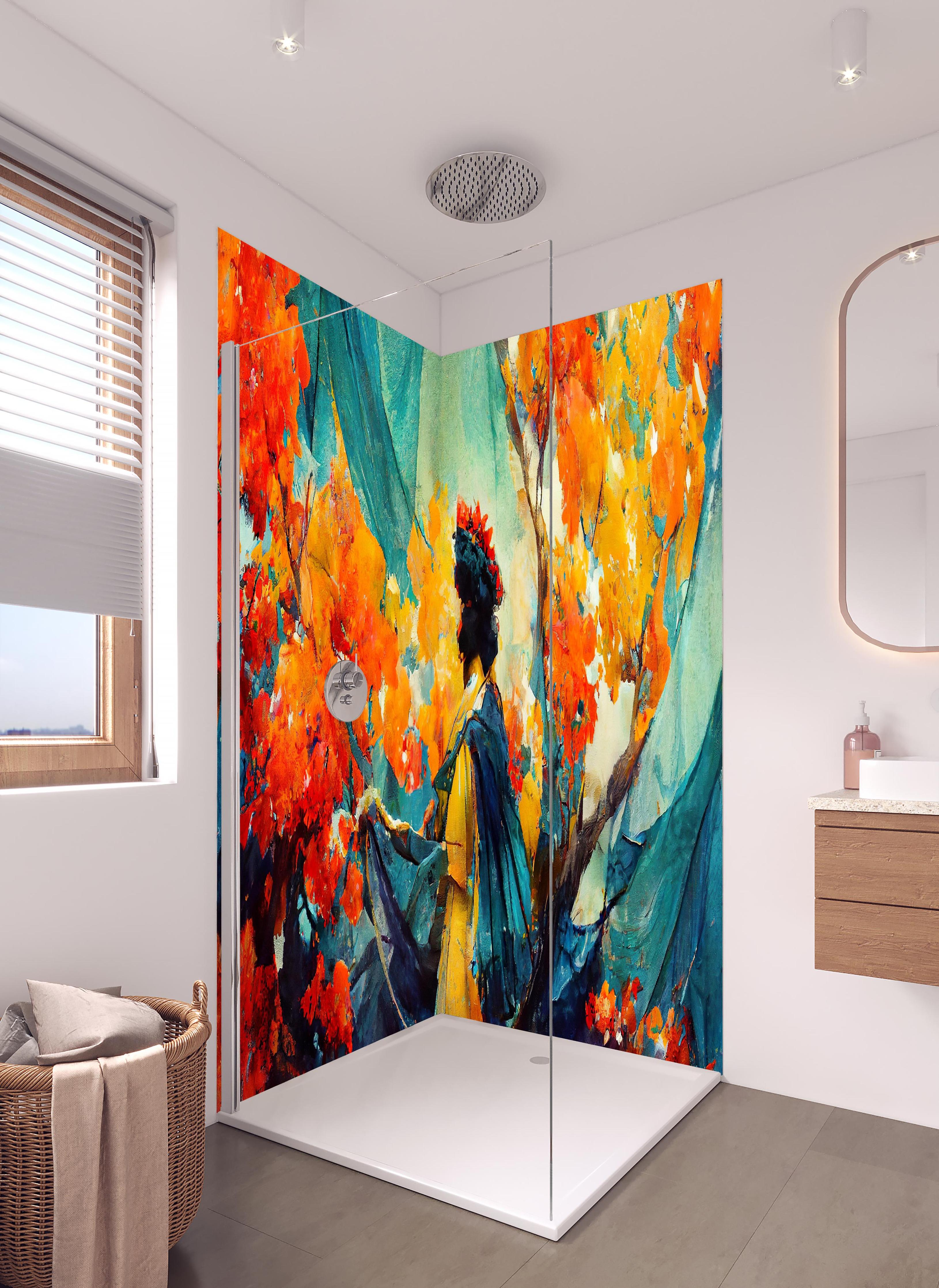 Duschrückwand - Abstrakte Kunst - Frau im Wald in hellem Badezimmer mit Regenduschkopf - zweiteilige Eck-Duschrückwand