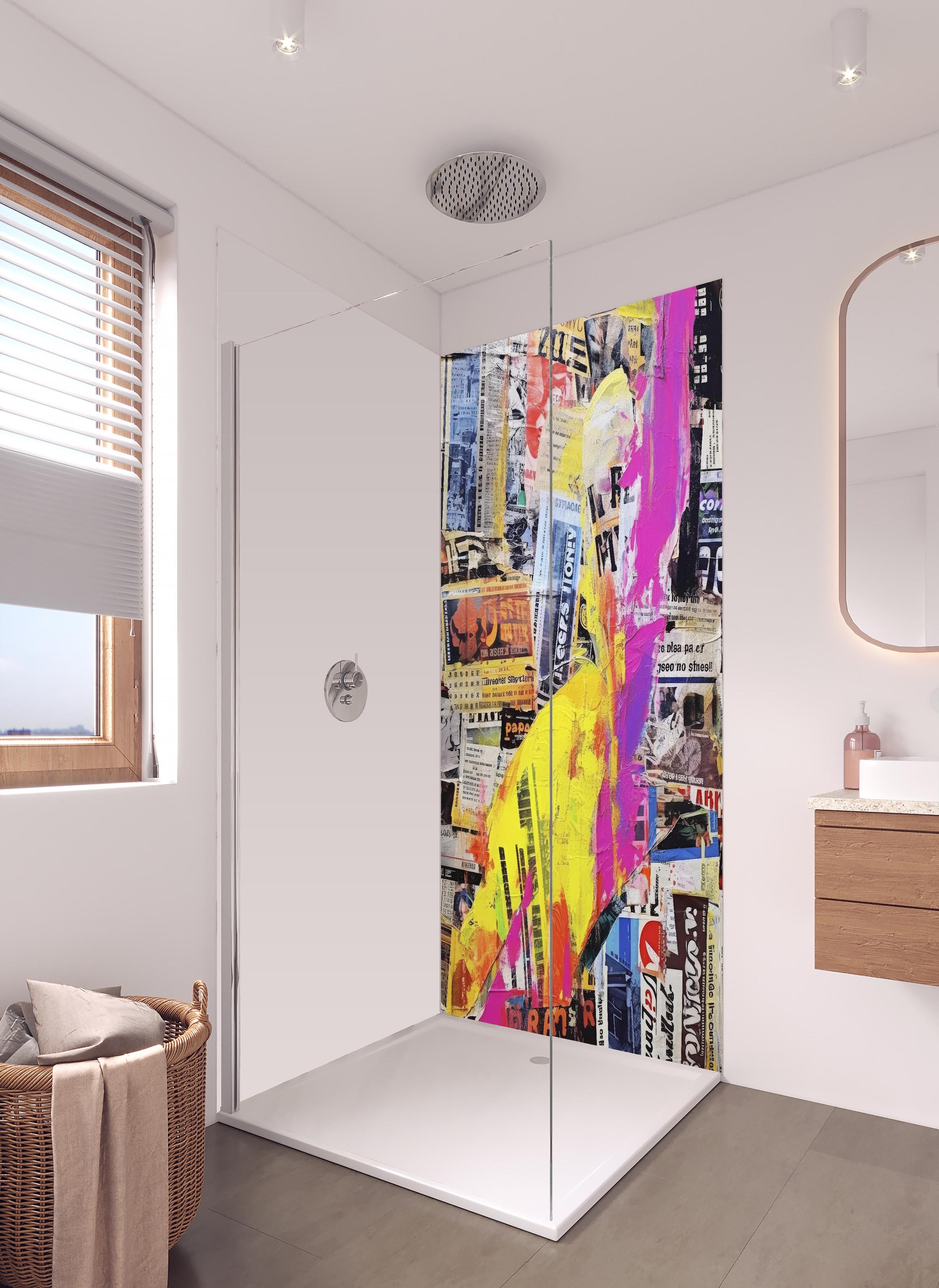 Duschrückwand - Abstrakte Kunst Collage mit kräftigen Farben in hellem Badezimmer mit Regenduschkopf - zweiteilige Eck-Duschrückwand