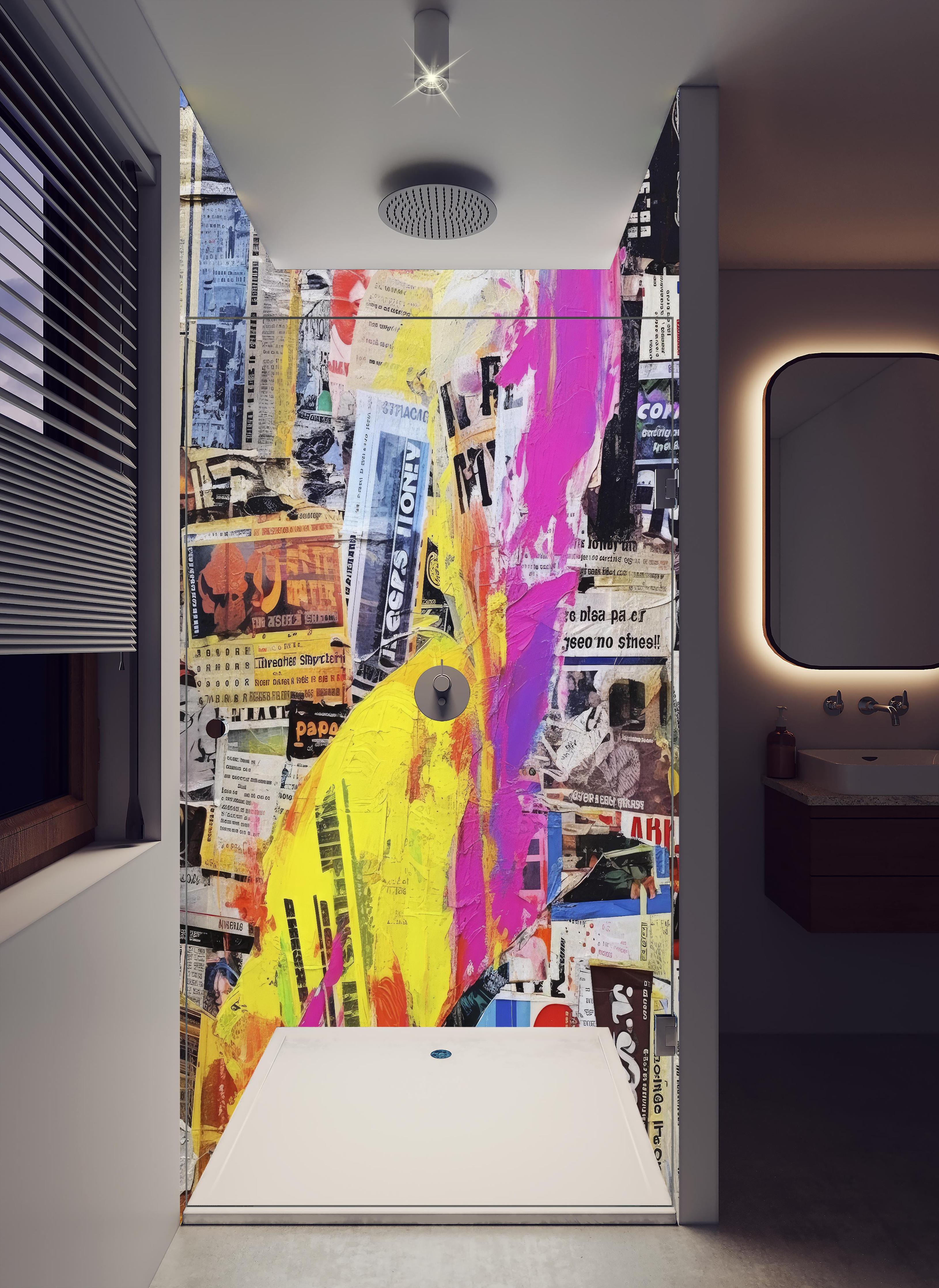 Duschrückwand - Abstrakte Kunst Collage mit kräftigen Farben in hellem Badezimmer mit Regenduschkopf - zweiteilige Eck-Duschrückwand