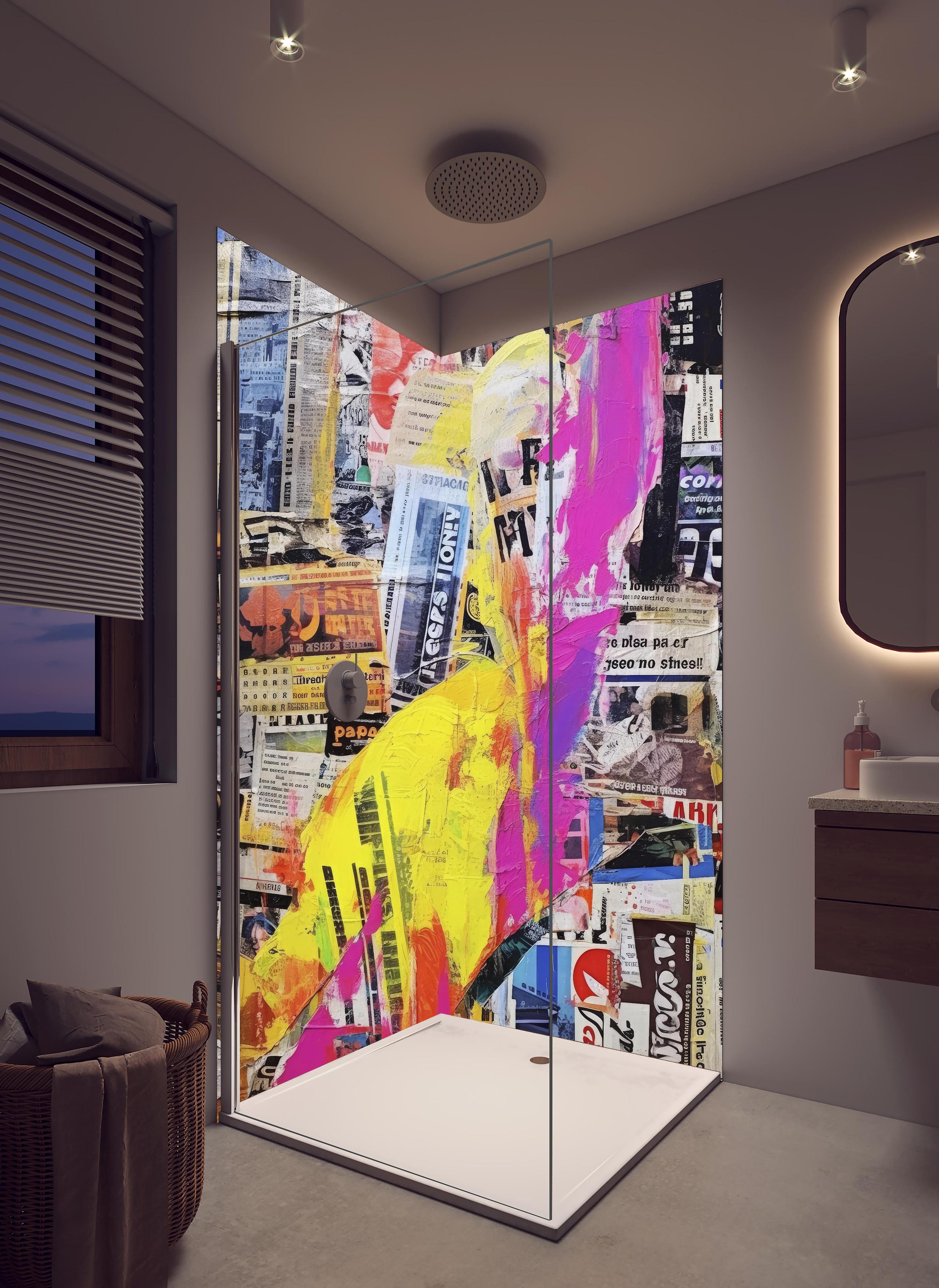 Duschrückwand - Abstrakte Kunst Collage mit kräftigen Farben in hellem Badezimmer mit Regenduschkopf - zweiteilige Eck-Duschrückwand