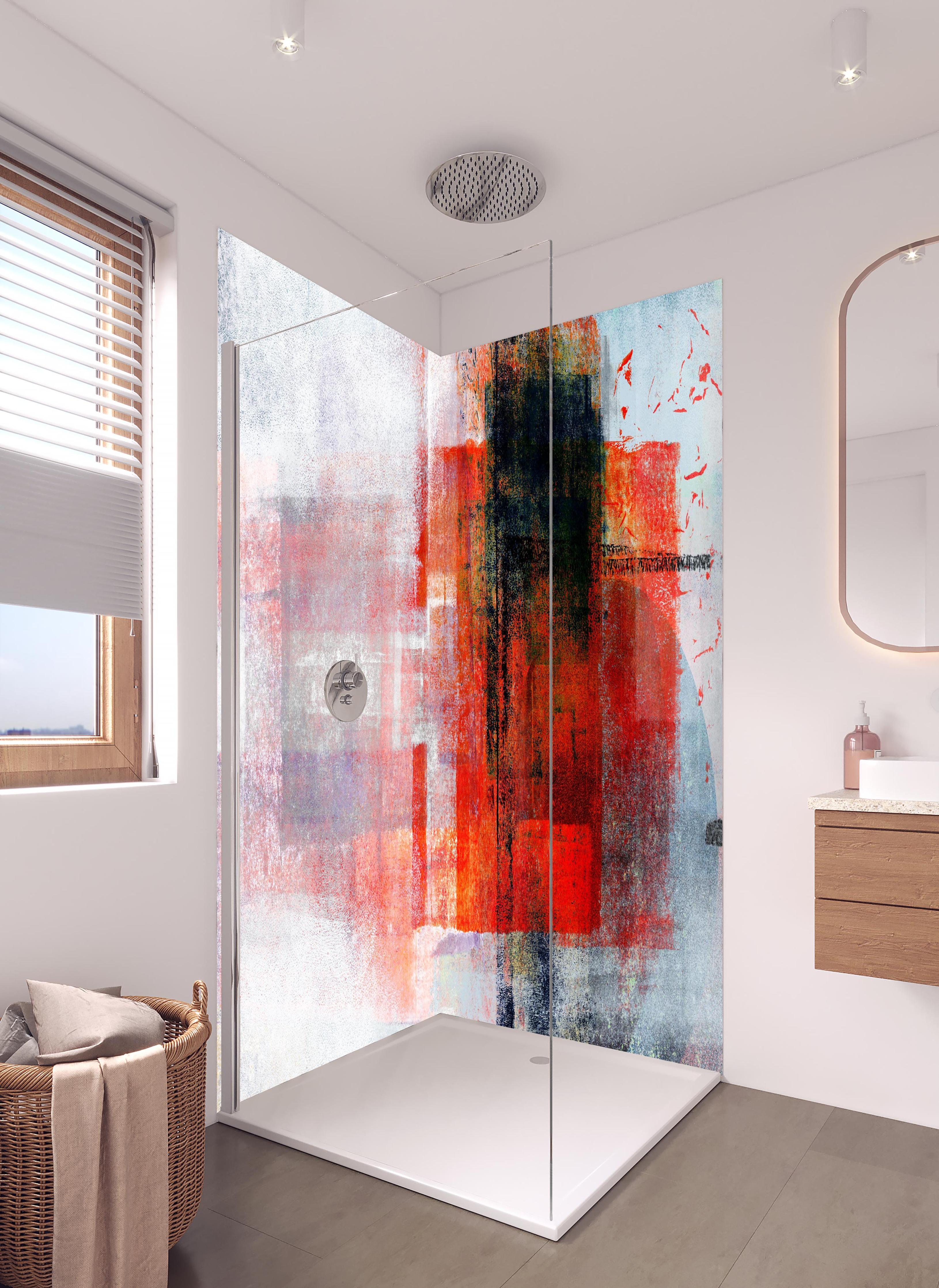 Duschrückwand - Abstrakte Kunst Rot Grau Textur in hellem Badezimmer mit Regenduschkopf - zweiteilige Eck-Duschrückwand