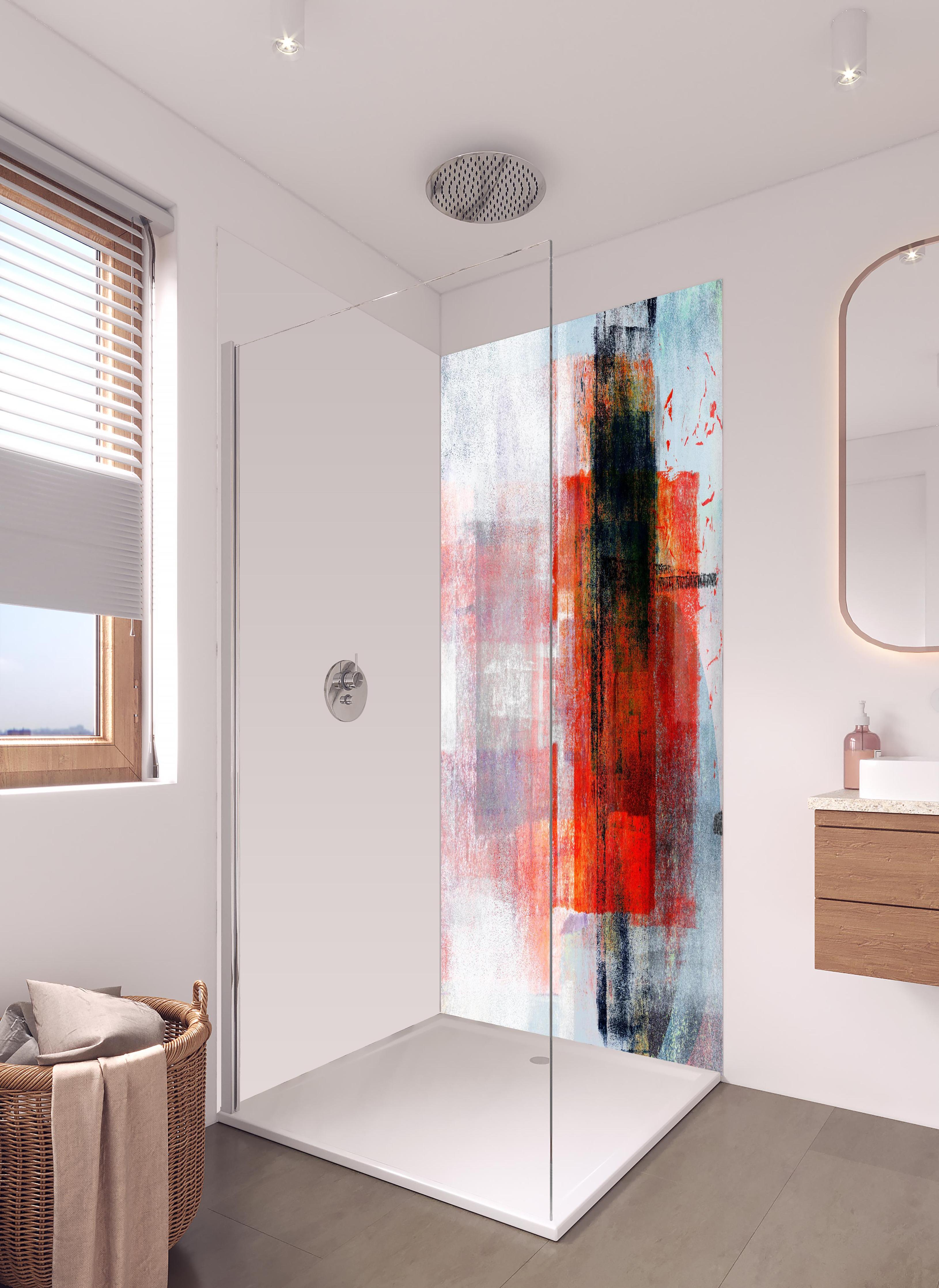 Duschrückwand - Abstrakte Kunst Rot Grau Textur in hellem Badezimmer mit Regenduschkopf - zweiteilige Eck-Duschrückwand