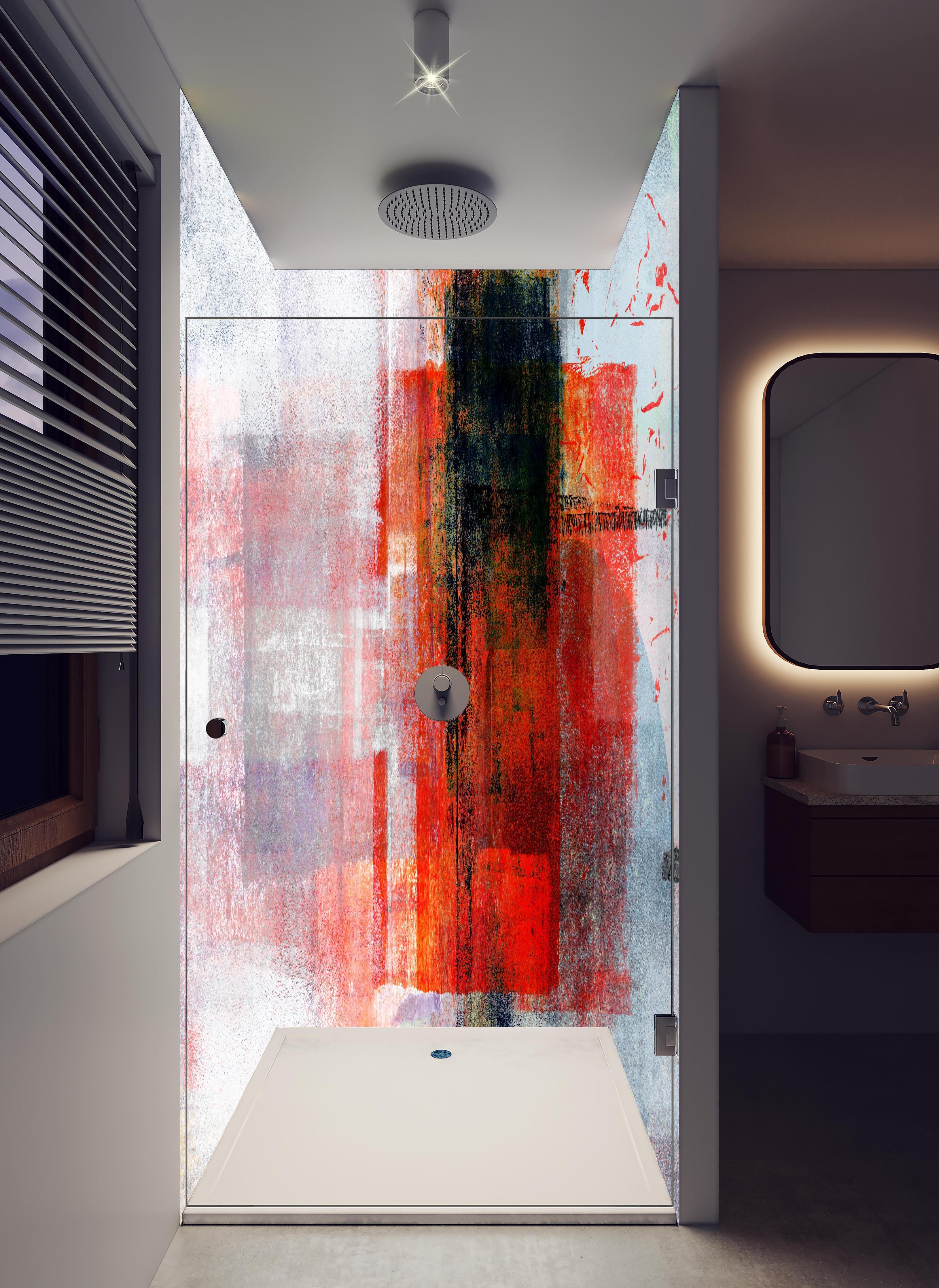 Duschrückwand - Abstrakte Kunst Rot Grau Textur in hellem Badezimmer mit Regenduschkopf - zweiteilige Eck-Duschrückwand