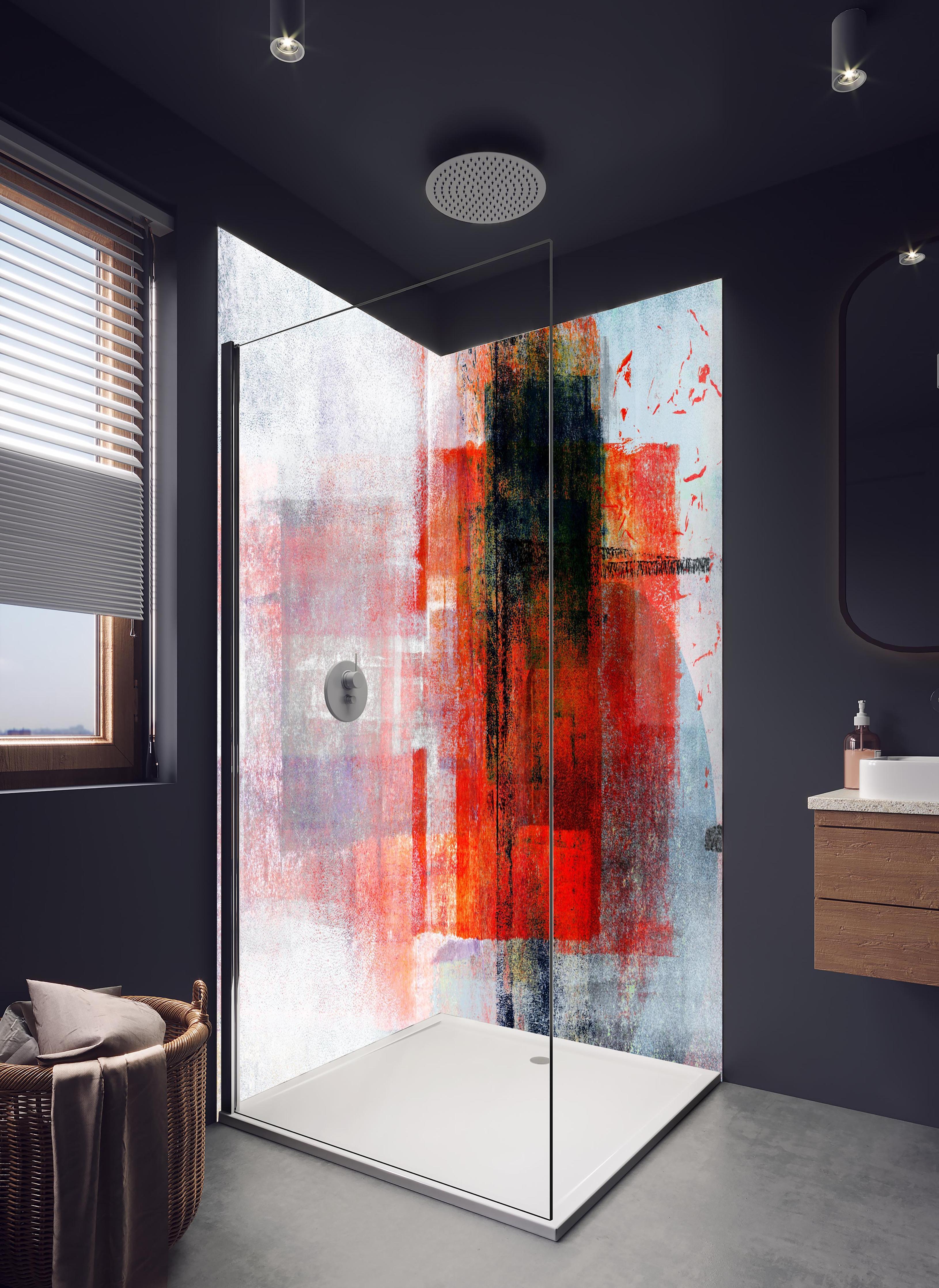 Duschrückwand - Abstrakte Kunst Rot Grau Textur in hellem Badezimmer mit Regenduschkopf - zweiteilige Eck-Duschrückwand