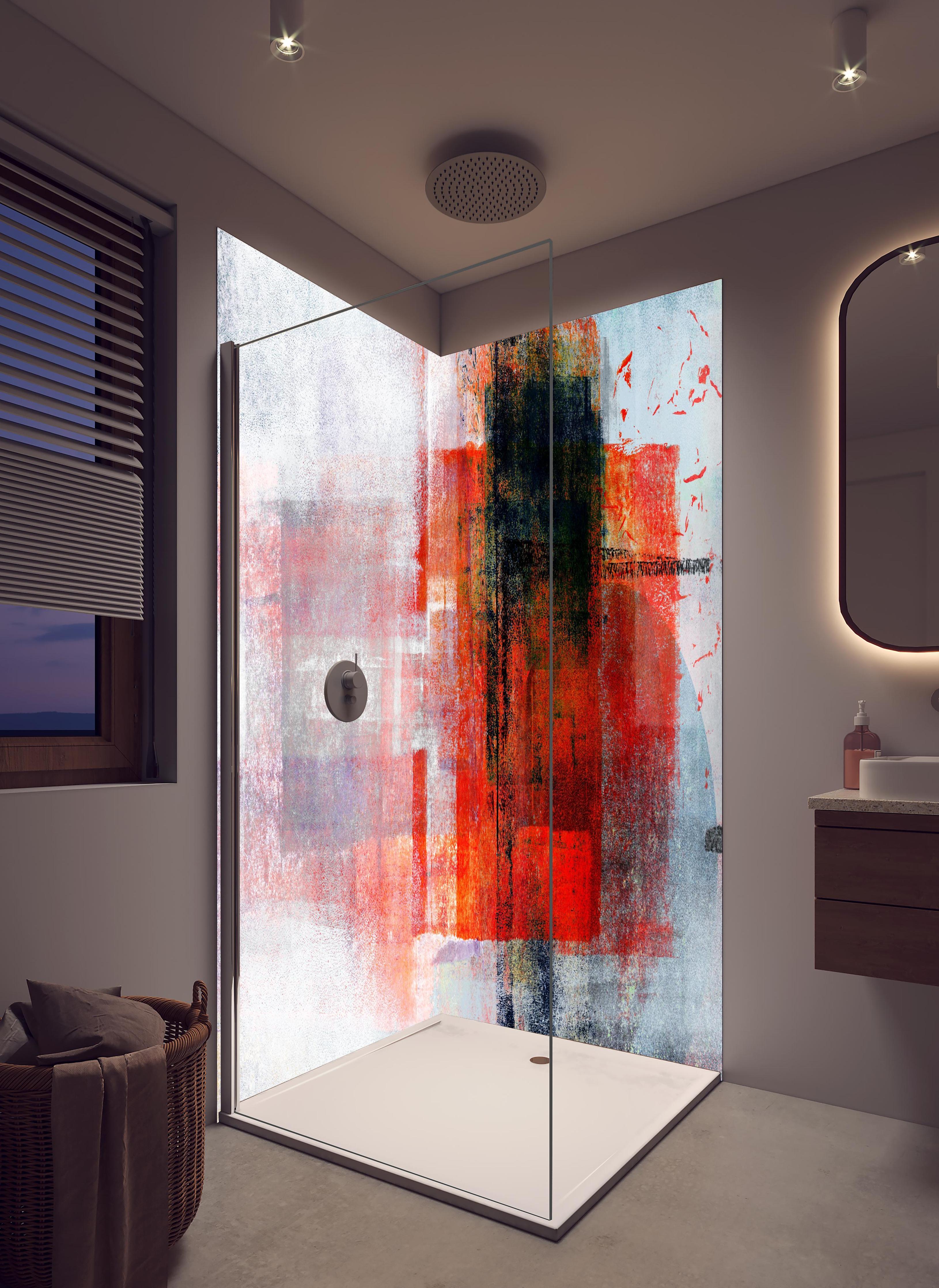 Duschrückwand - Abstrakte Kunst Rot Grau Textur in hellem Badezimmer mit Regenduschkopf - zweiteilige Eck-Duschrückwand