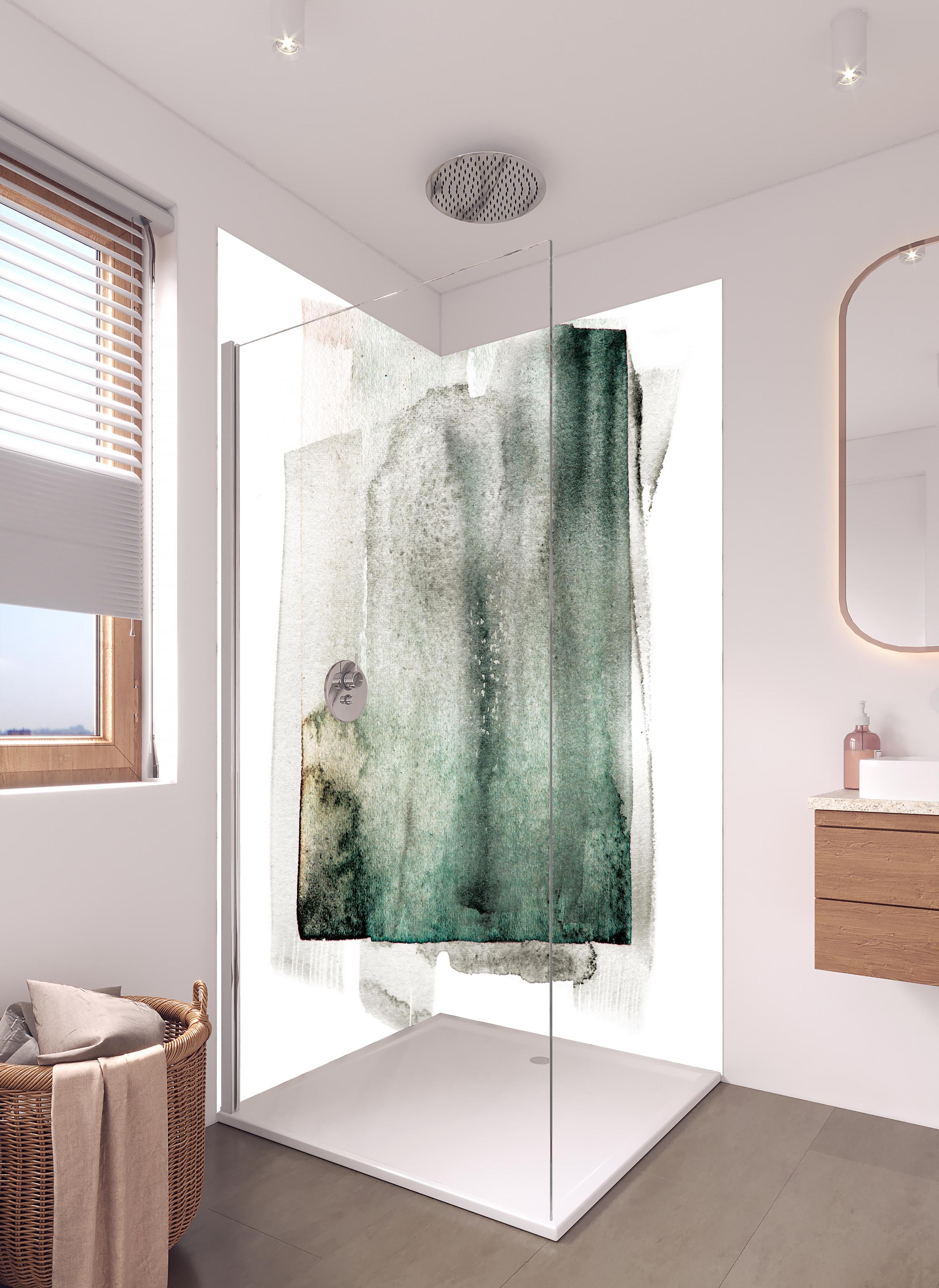 Duschrückwand - Abstrakte Kunst in Grün auf hellem Hintergrund in hellem Badezimmer mit Regenduschkopf - zweiteilige Eck-Duschrückwand