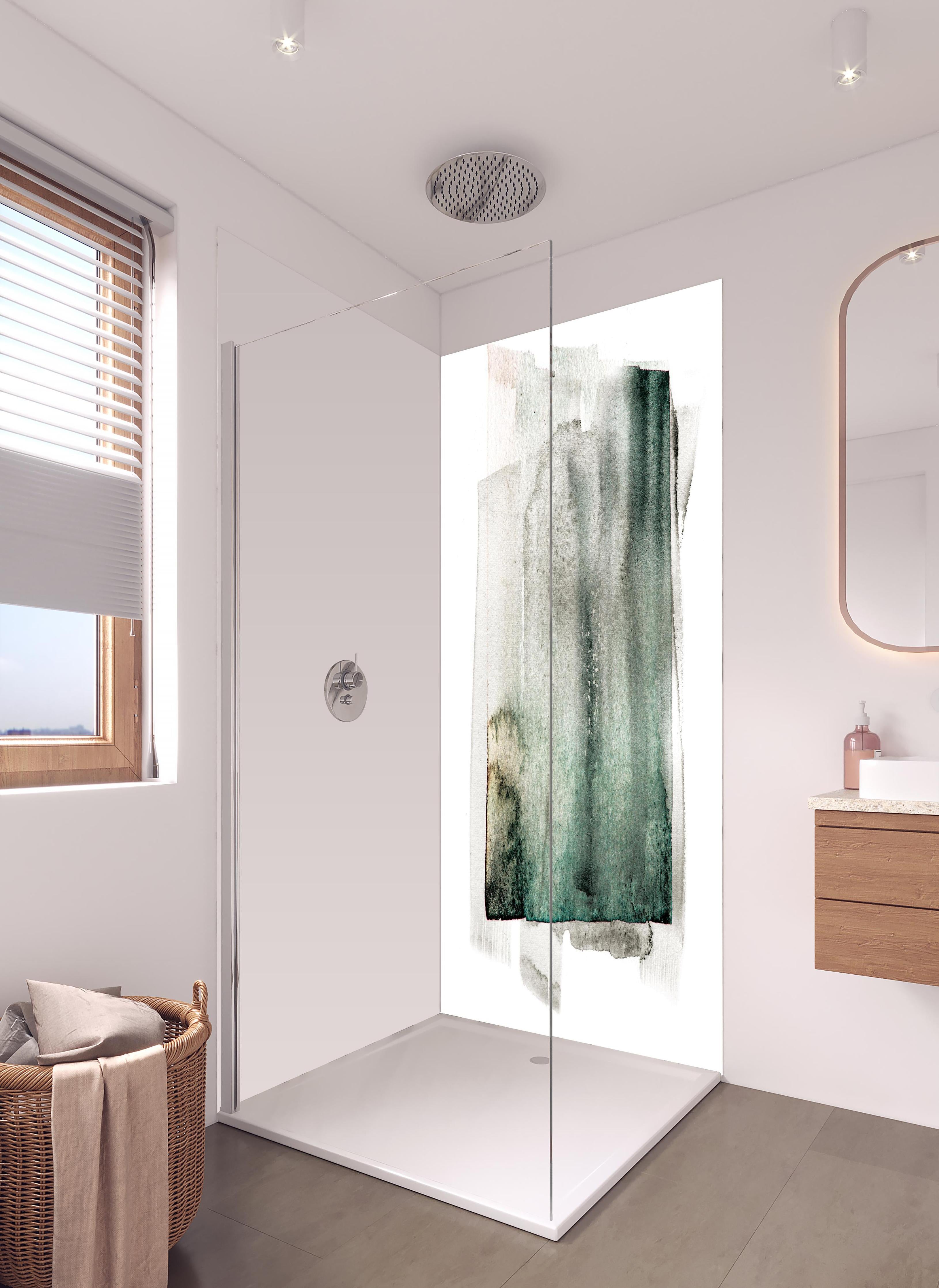 Duschrückwand - Abstrakte Kunst in Grün auf hellem Hintergrund in hellem Badezimmer mit Regenduschkopf - zweiteilige Eck-Duschrückwand
