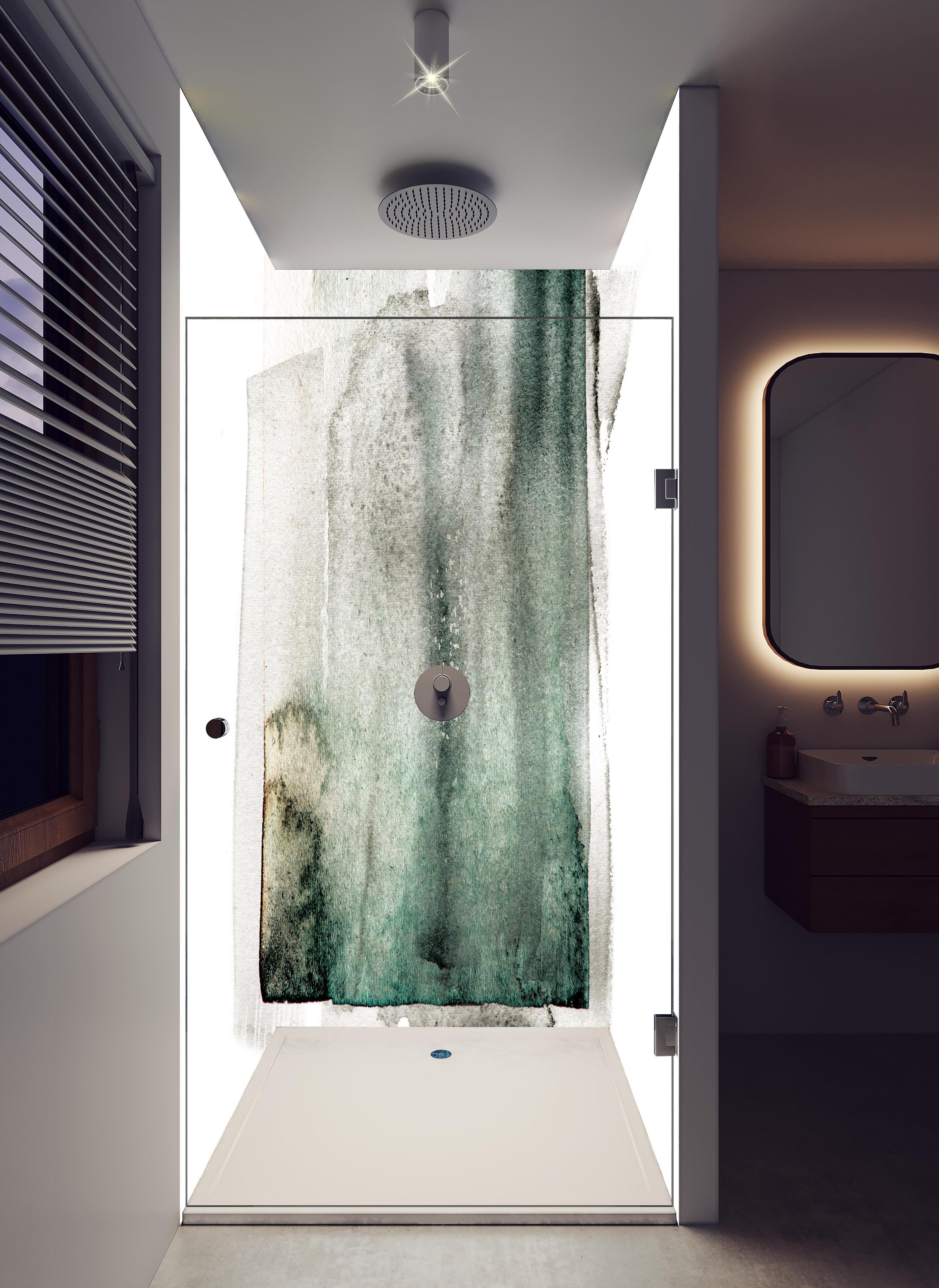 Duschrückwand - Abstrakte Kunst in Grün auf hellem Hintergrund in hellem Badezimmer mit Regenduschkopf - zweiteilige Eck-Duschrückwand