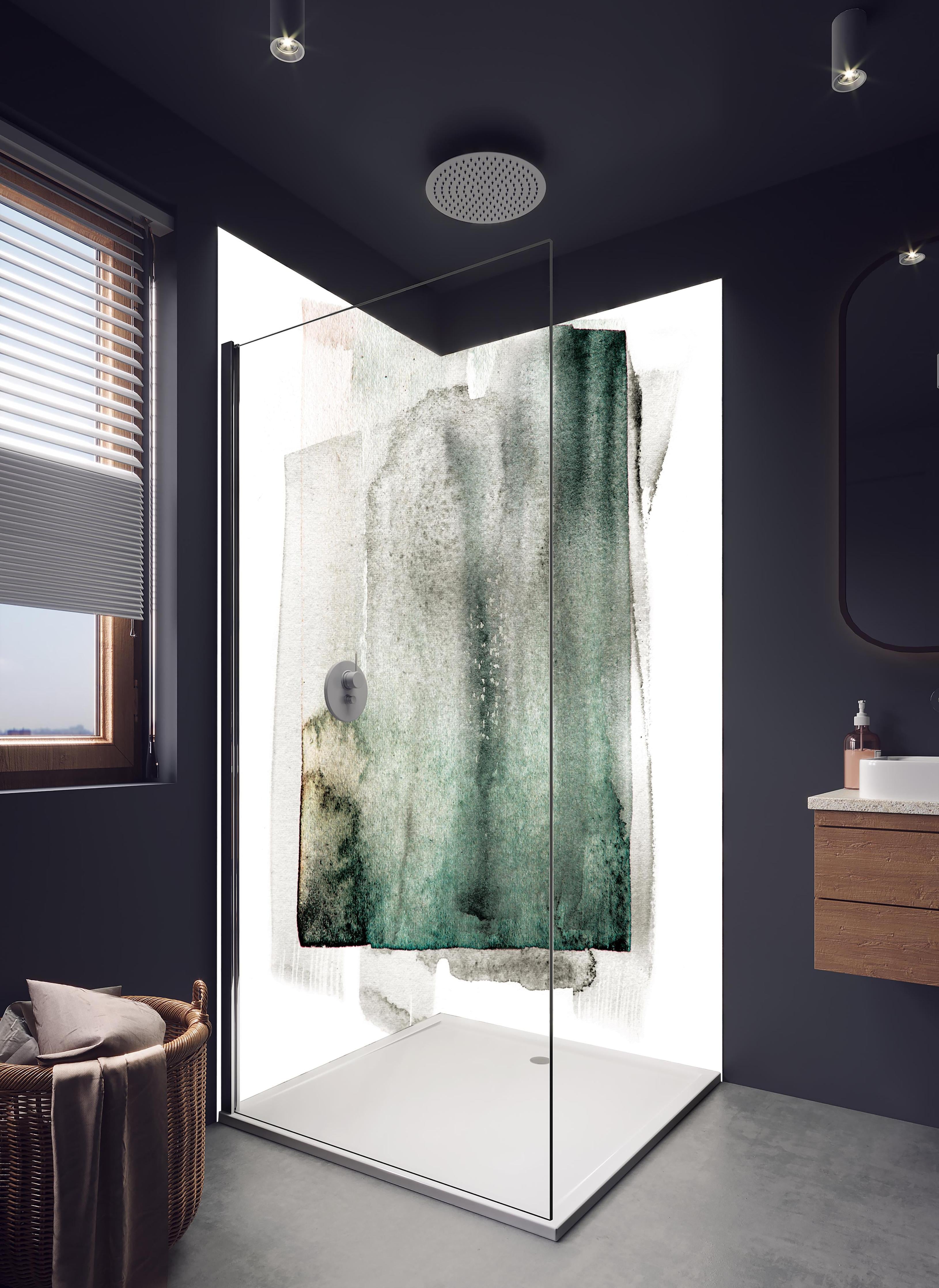 Duschrückwand - Abstrakte Kunst in Grün auf hellem Hintergrund in hellem Badezimmer mit Regenduschkopf - zweiteilige Eck-Duschrückwand