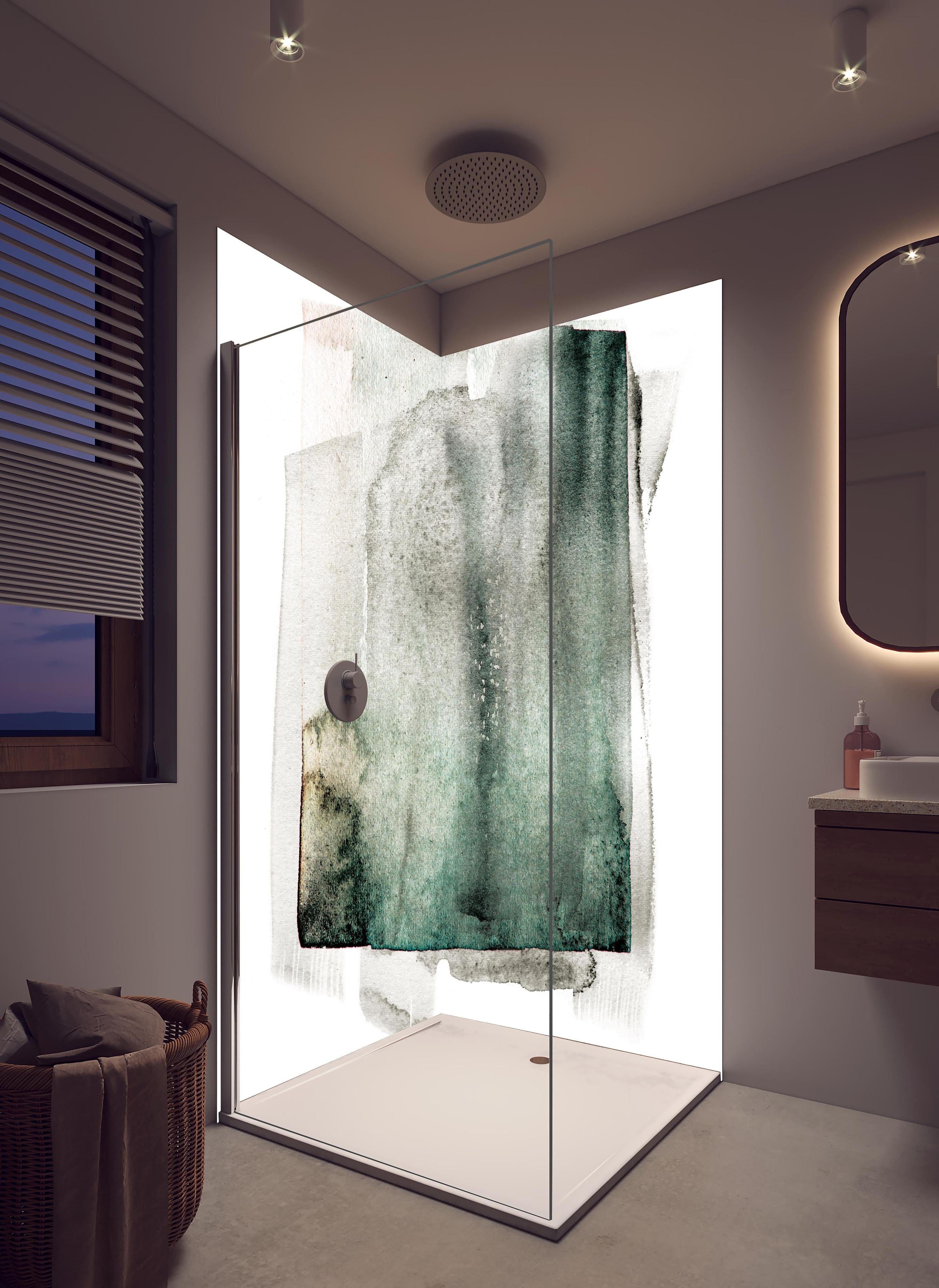 Duschrückwand - Abstrakte Kunst in Grün auf hellem Hintergrund in hellem Badezimmer mit Regenduschkopf - zweiteilige Eck-Duschrückwand