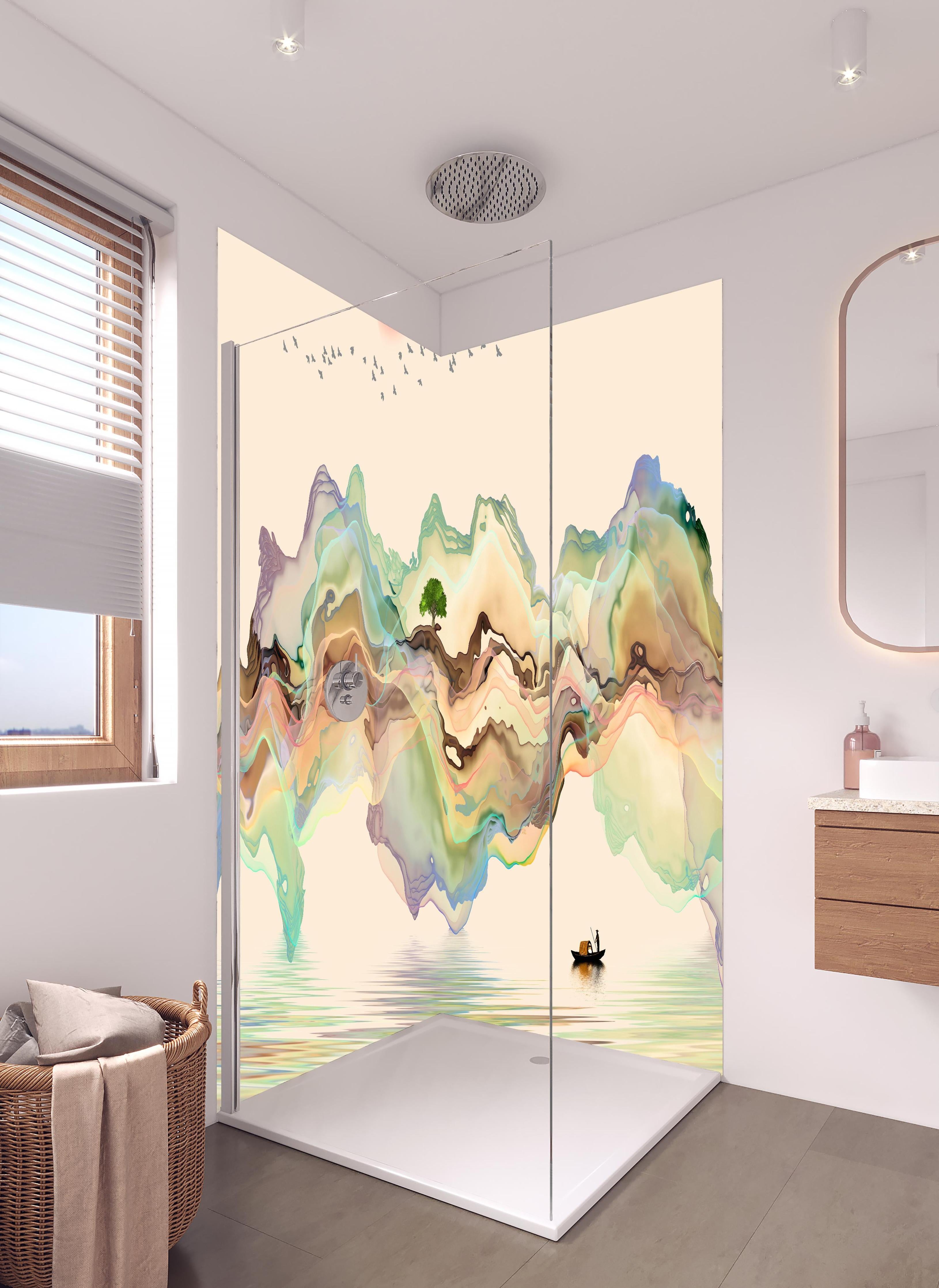 Duschrückwand - Abstrakte Landschafts Illustration in hellem Badezimmer mit Regenduschkopf - zweiteilige Eck-Duschrückwand