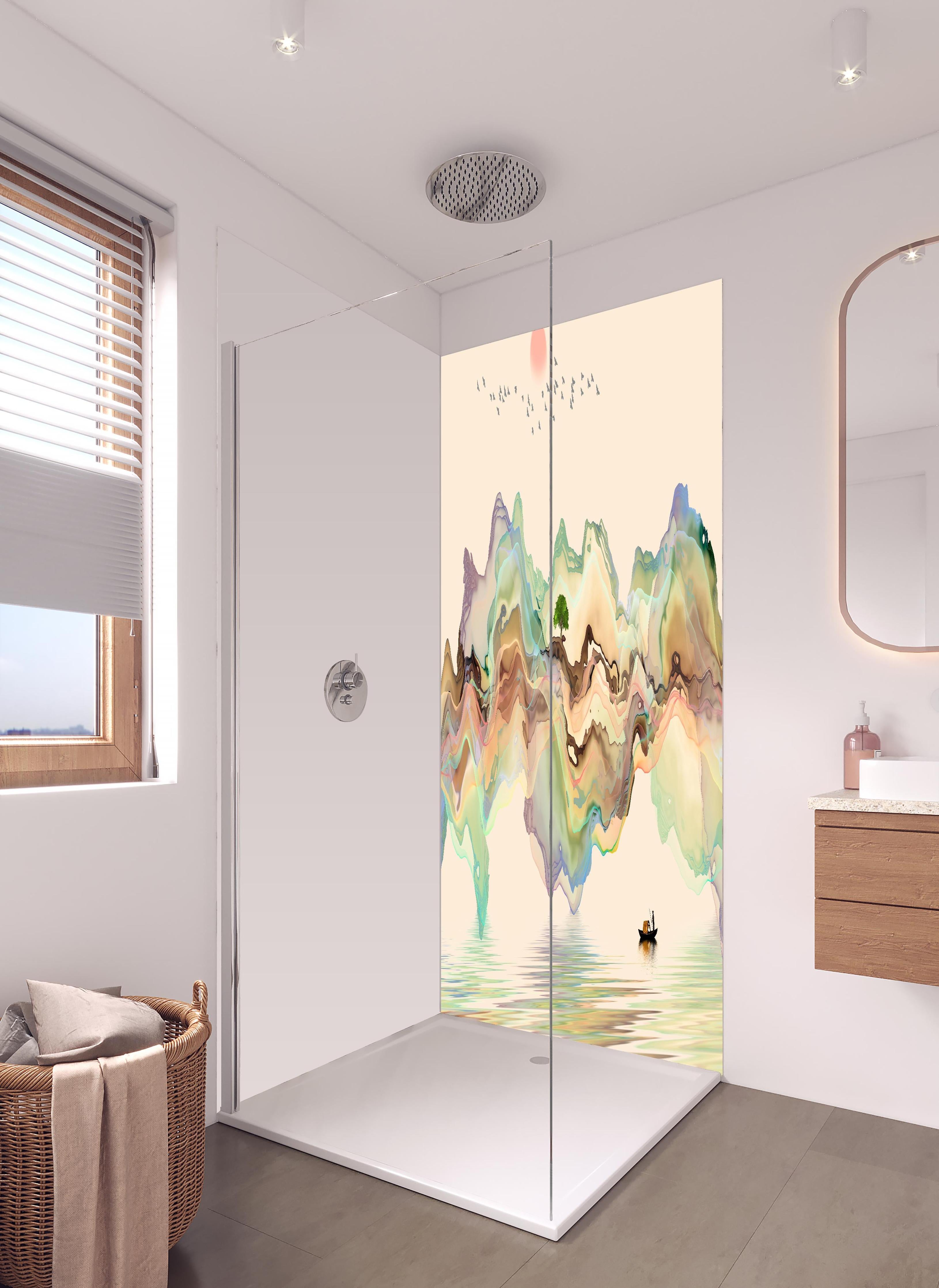 Duschrückwand - Abstrakte Landschafts Illustration in hellem Badezimmer mit Regenduschkopf - zweiteilige Eck-Duschrückwand