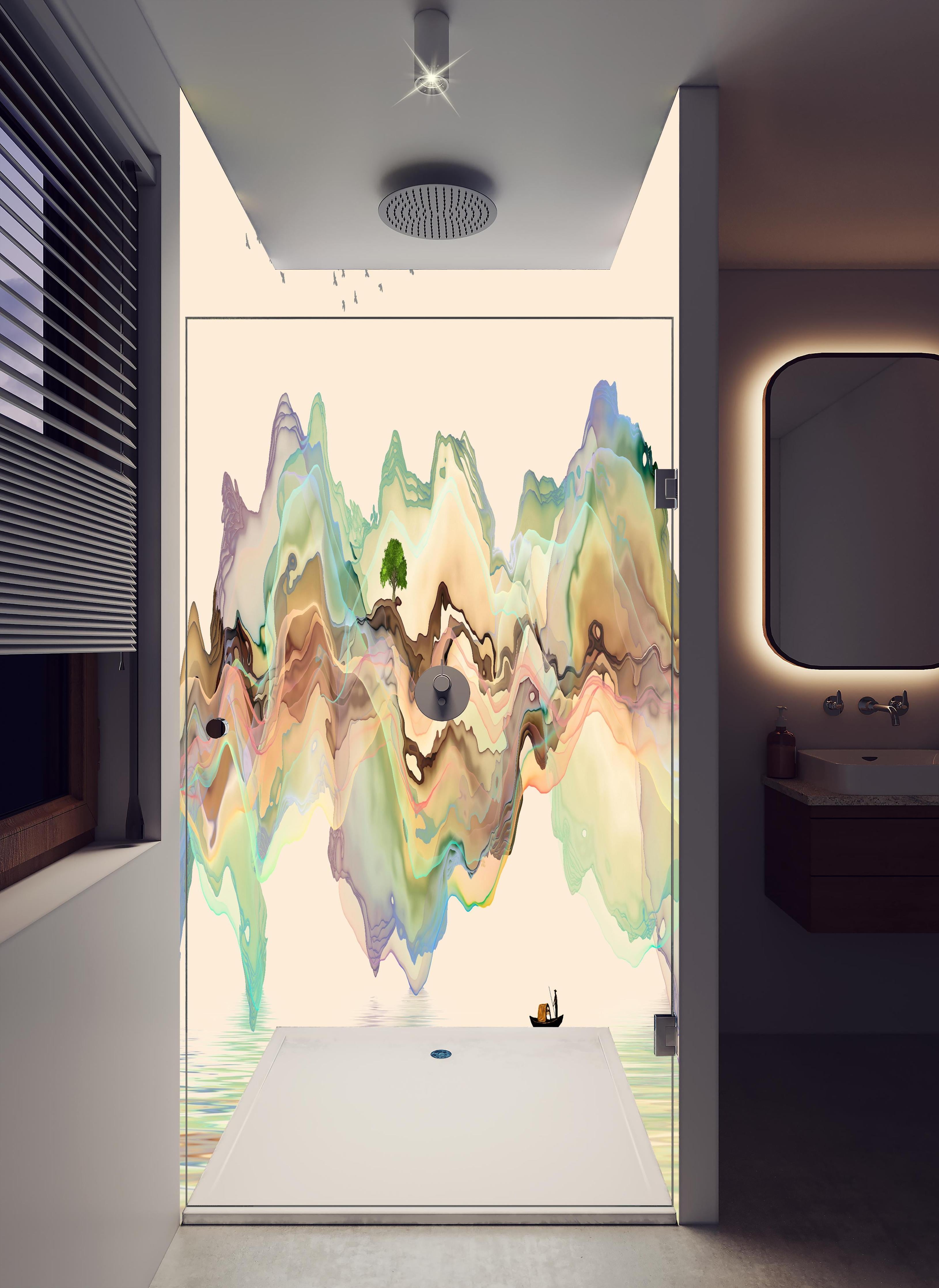 Duschrückwand - Abstrakte Landschafts Illustration in hellem Badezimmer mit Regenduschkopf - zweiteilige Eck-Duschrückwand