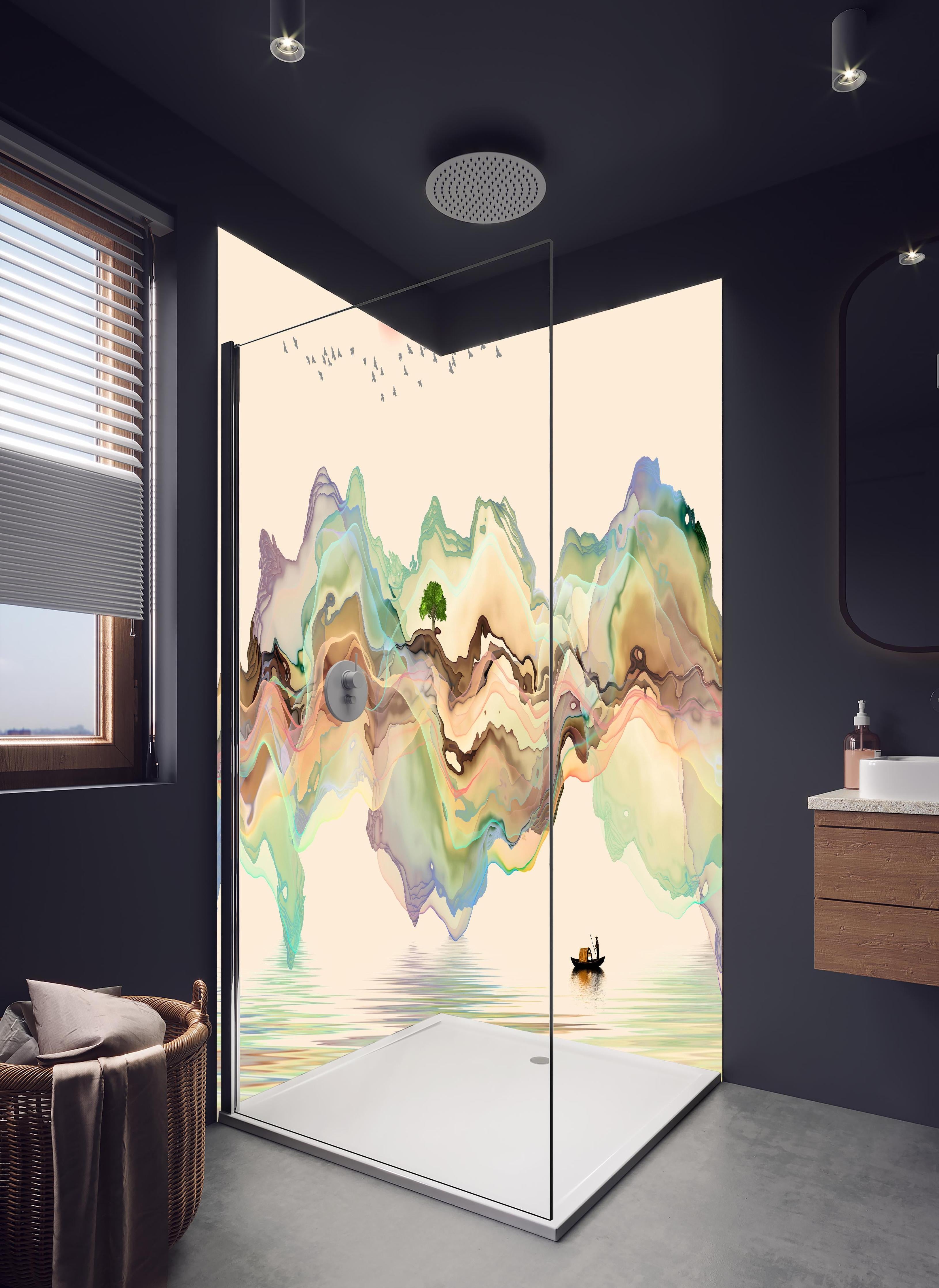 Duschrückwand - Abstrakte Landschafts Illustration in hellem Badezimmer mit Regenduschkopf - zweiteilige Eck-Duschrückwand