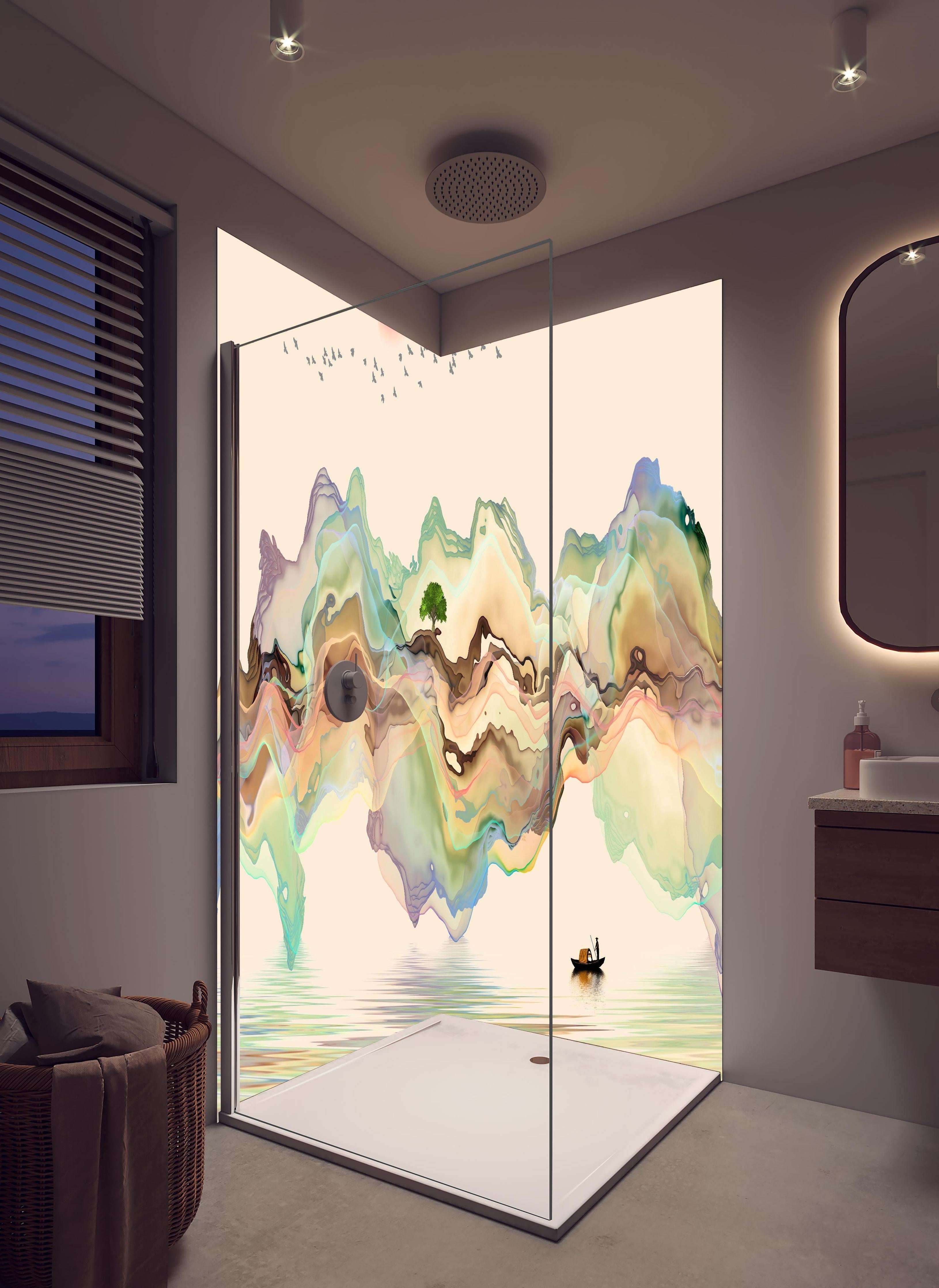 Duschrückwand - Abstrakte Landschafts Illustration in hellem Badezimmer mit Regenduschkopf - zweiteilige Eck-Duschrückwand