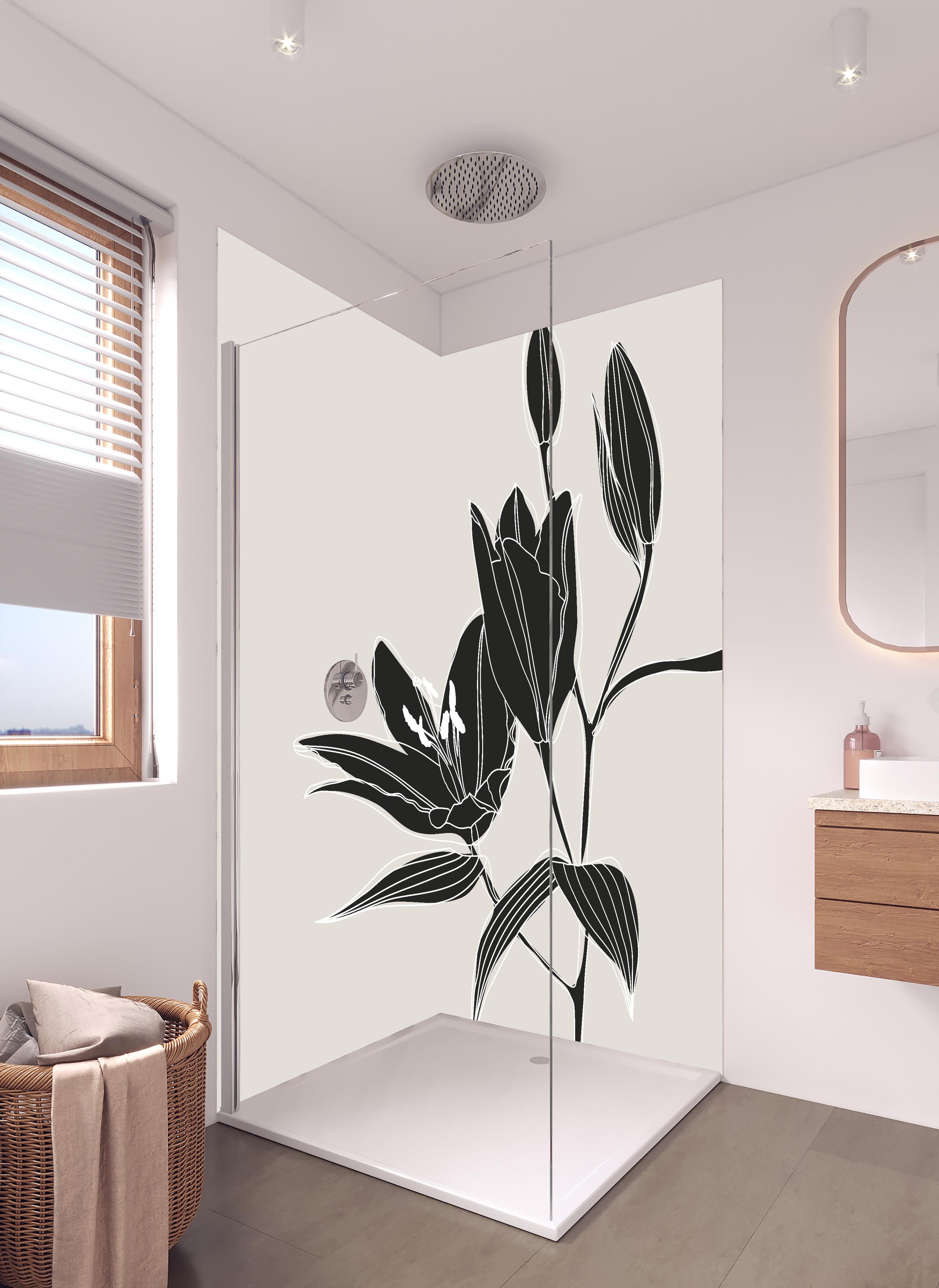 Duschrückwand - Abstrakte Lilienzeichnung in Beige Schwarz in hellem Badezimmer mit Regenduschkopf - zweiteilige Eck-Duschrückwand