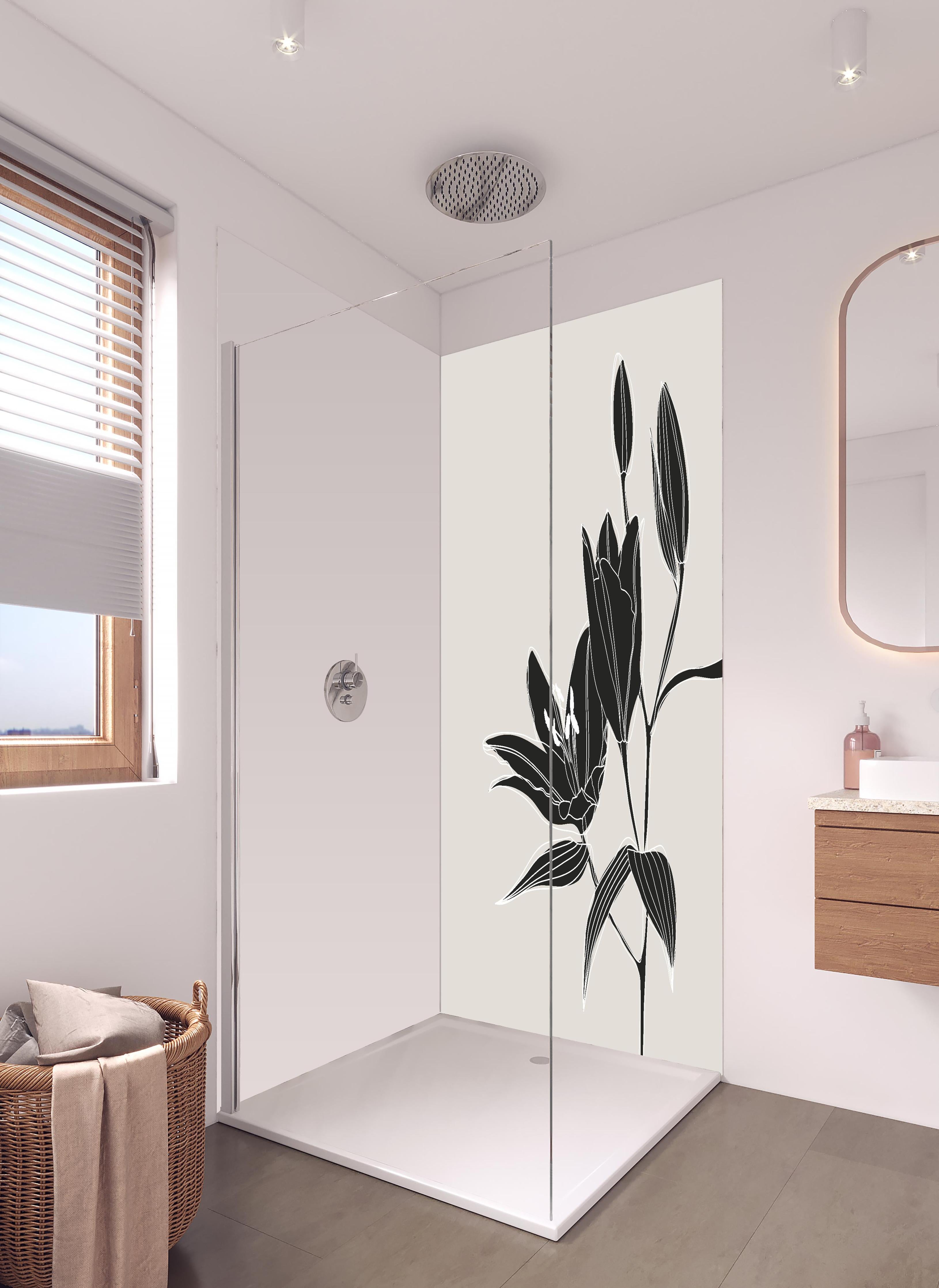 Duschrückwand - Abstrakte Lilienzeichnung in Beige Schwarz in hellem Badezimmer mit Regenduschkopf - zweiteilige Eck-Duschrückwand
