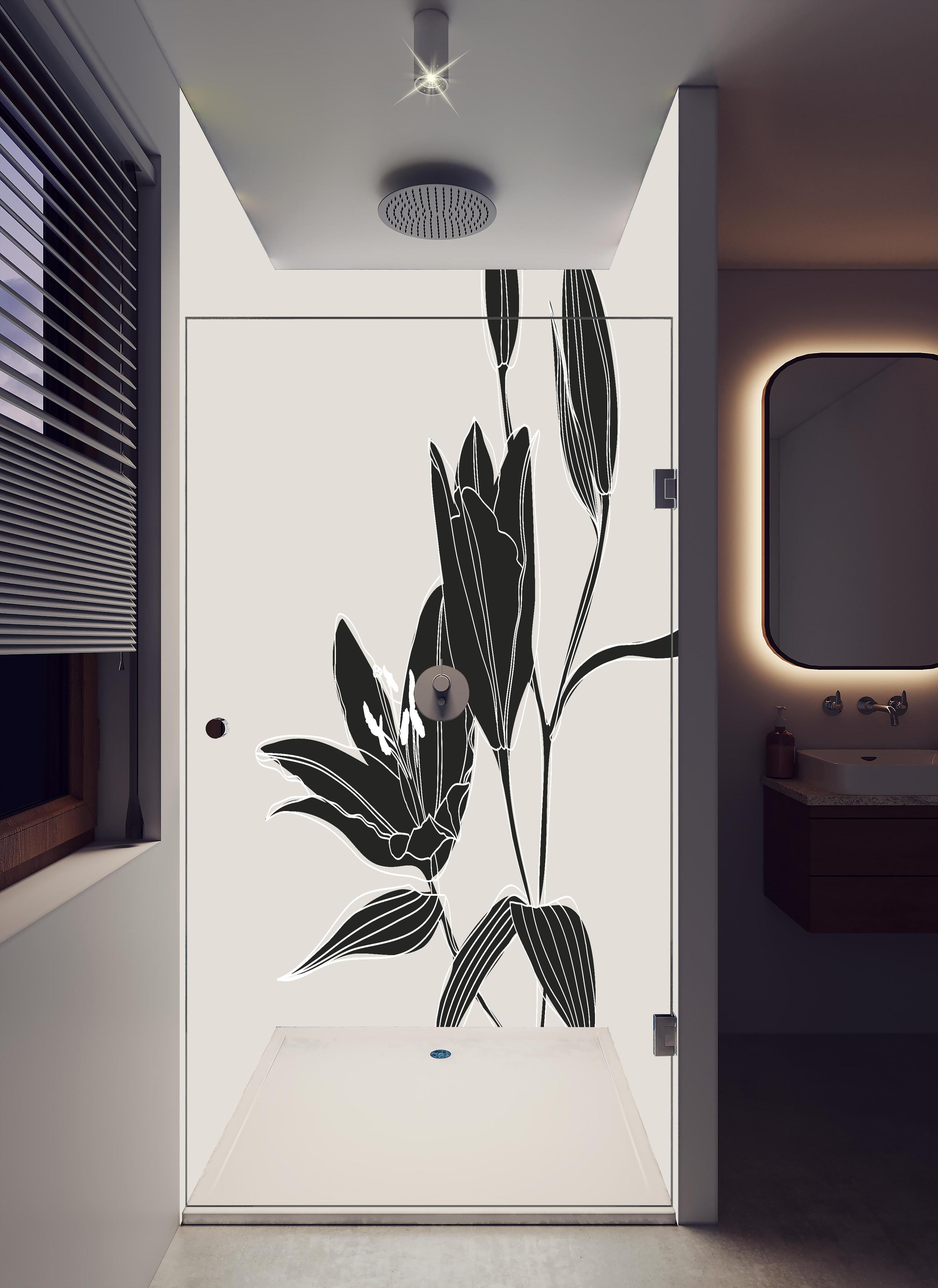 Duschrückwand - Abstrakte Lilienzeichnung in Beige Schwarz in hellem Badezimmer mit Regenduschkopf - zweiteilige Eck-Duschrückwand